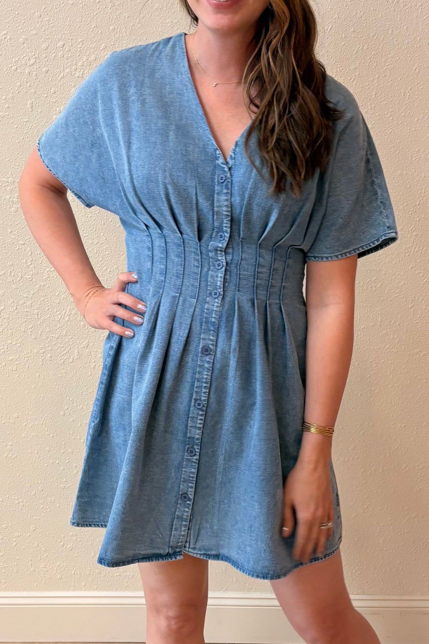 Maeve Pleated Waist Denim Dress