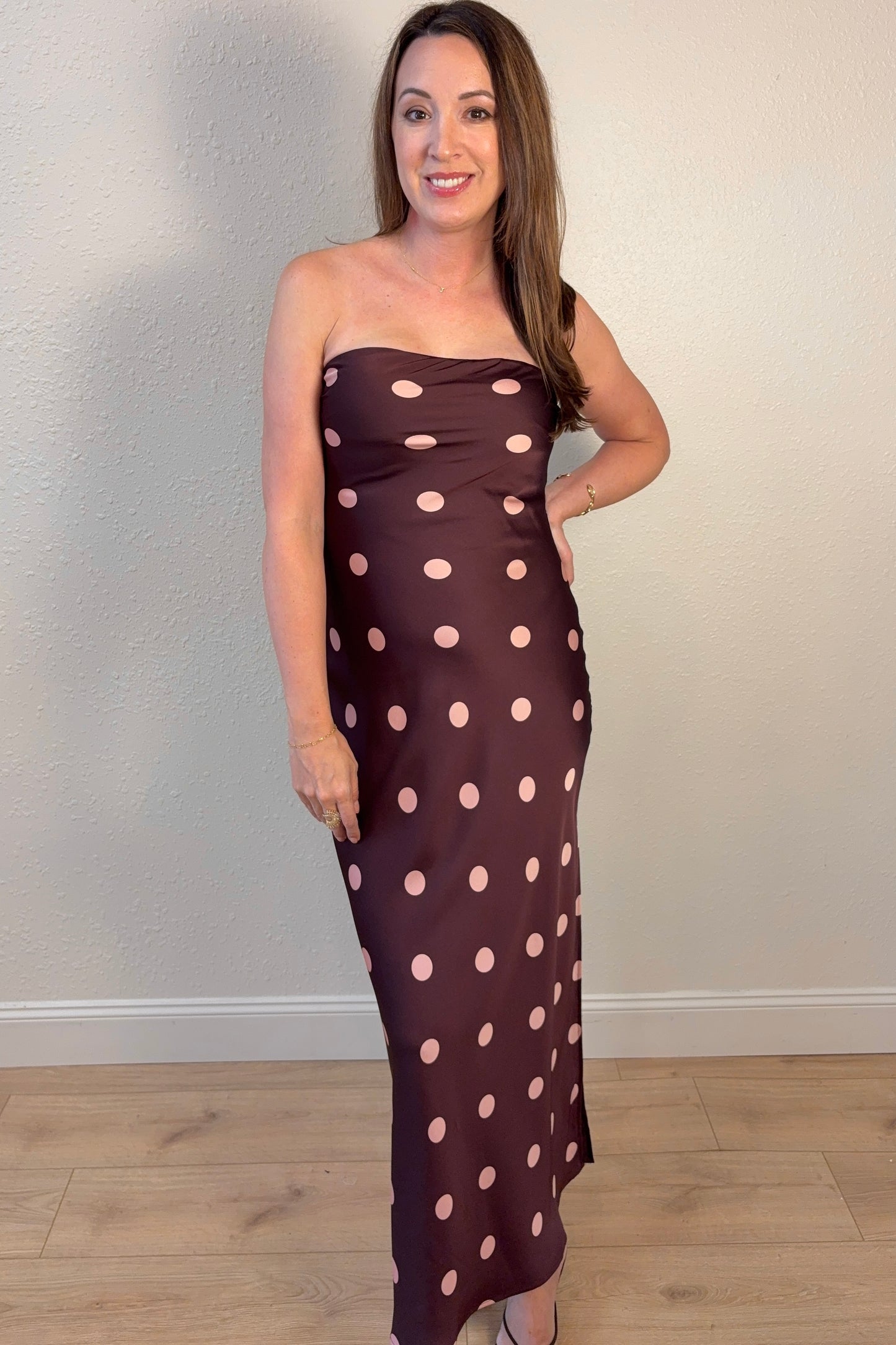 Angela Polka Dot Strapless Satin Maxi Dress