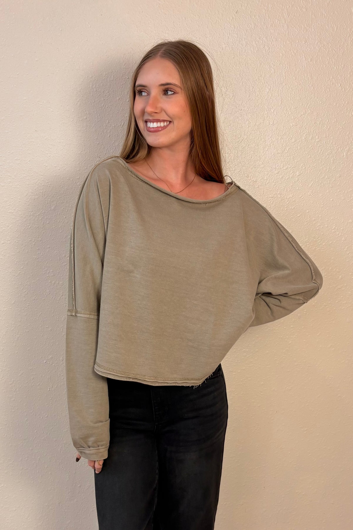 Penelope Raw Edge Hem Long Sleeve Top