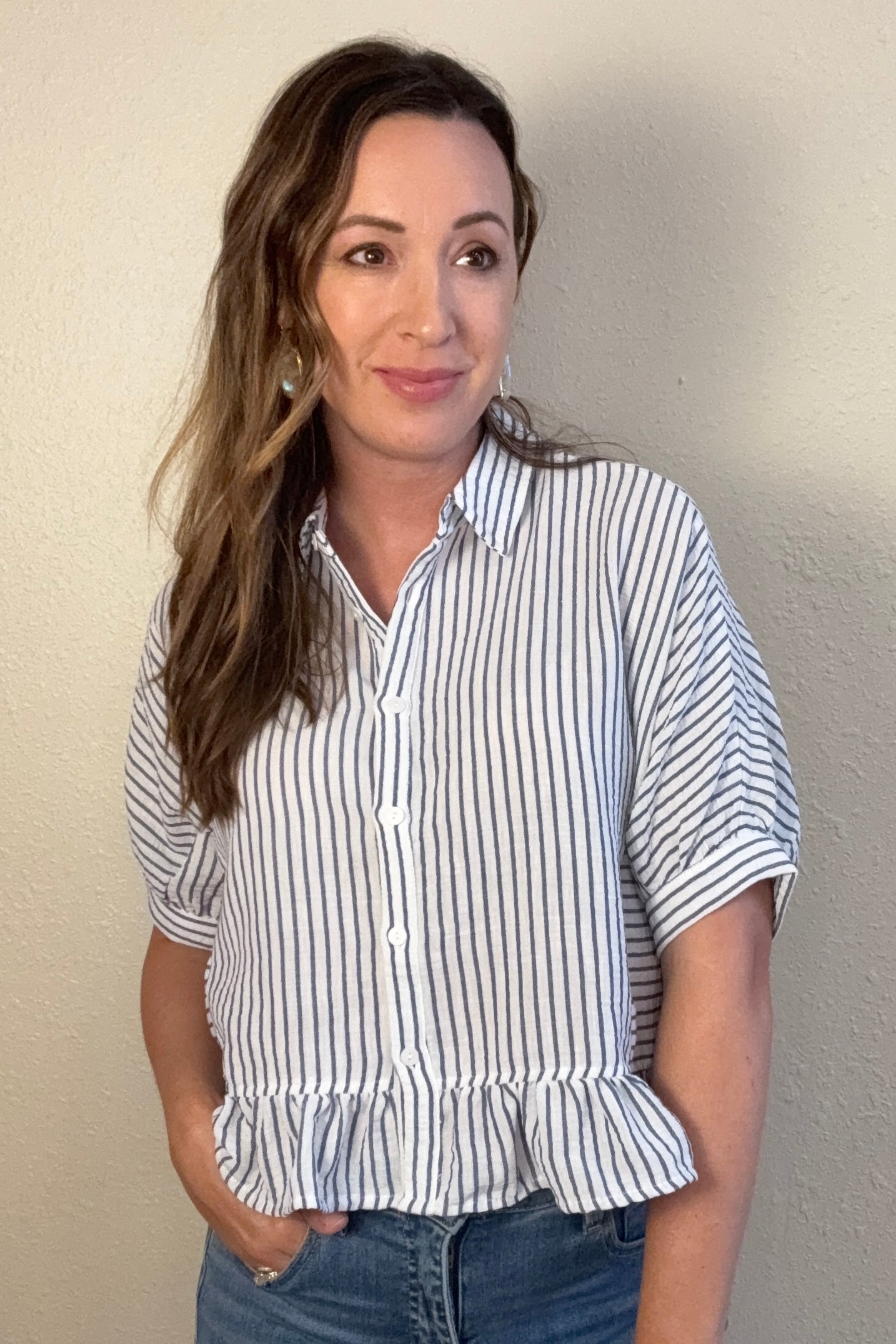 Peyton Stripe Button Front Ruffle Shirt
