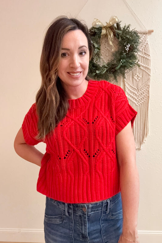 Noelle Red Short Sleeve Sweater Top