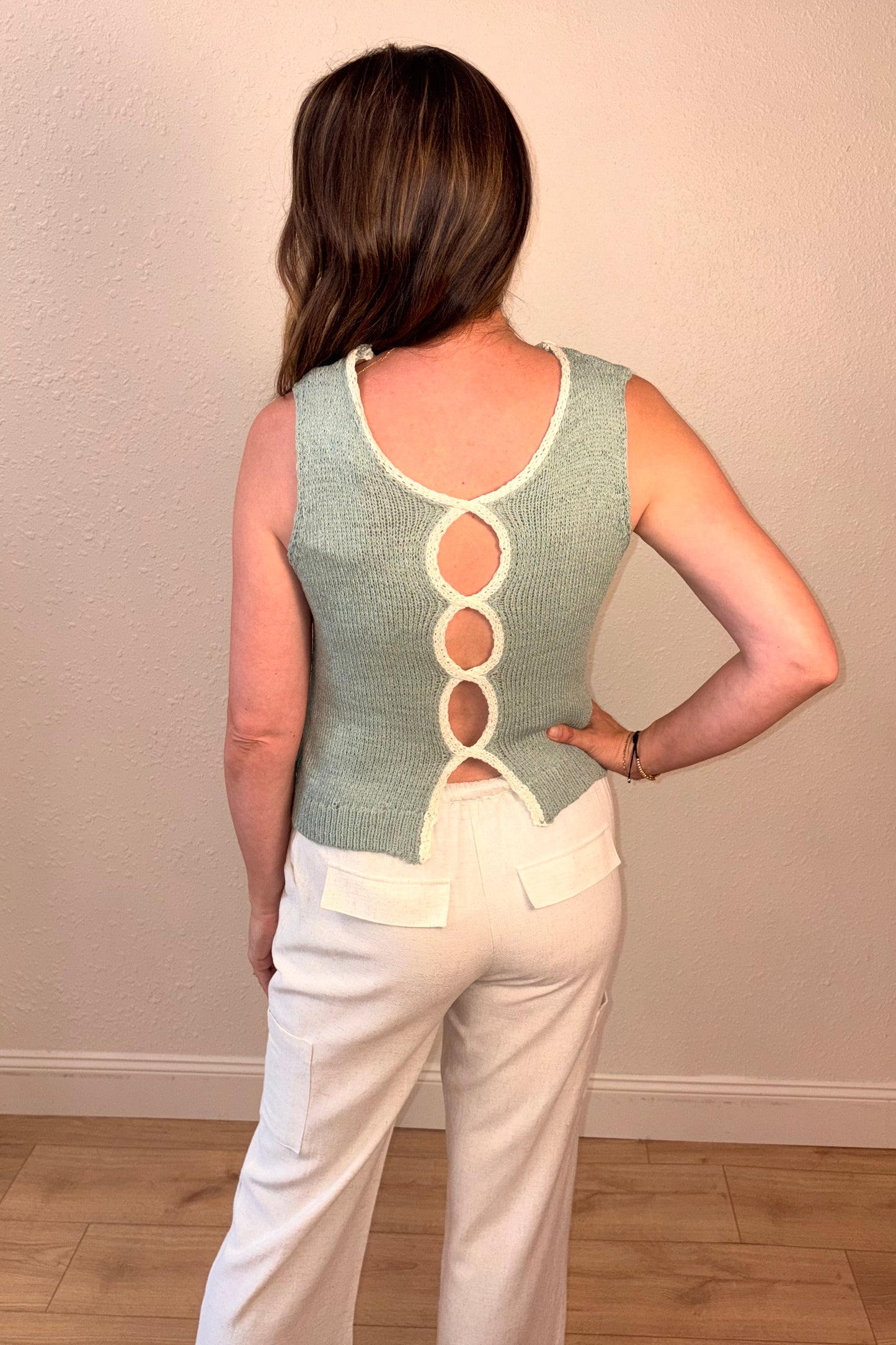 Willa Sage Green Open Back Knit Tank Top
