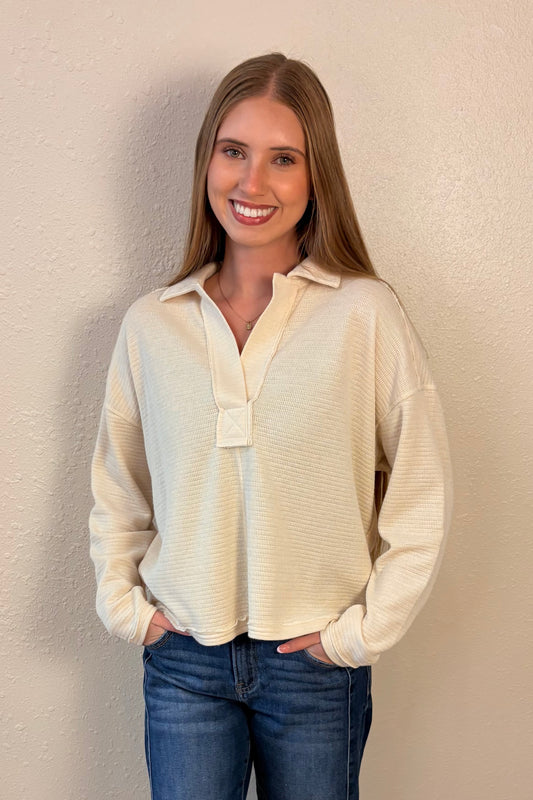 Luna Oatmeal Split Neck Collared Knit Top