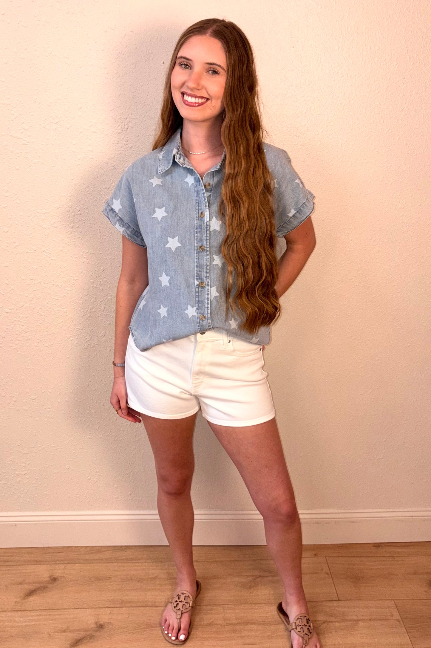 Lana Star Print Denim Short Sleeve Shirt