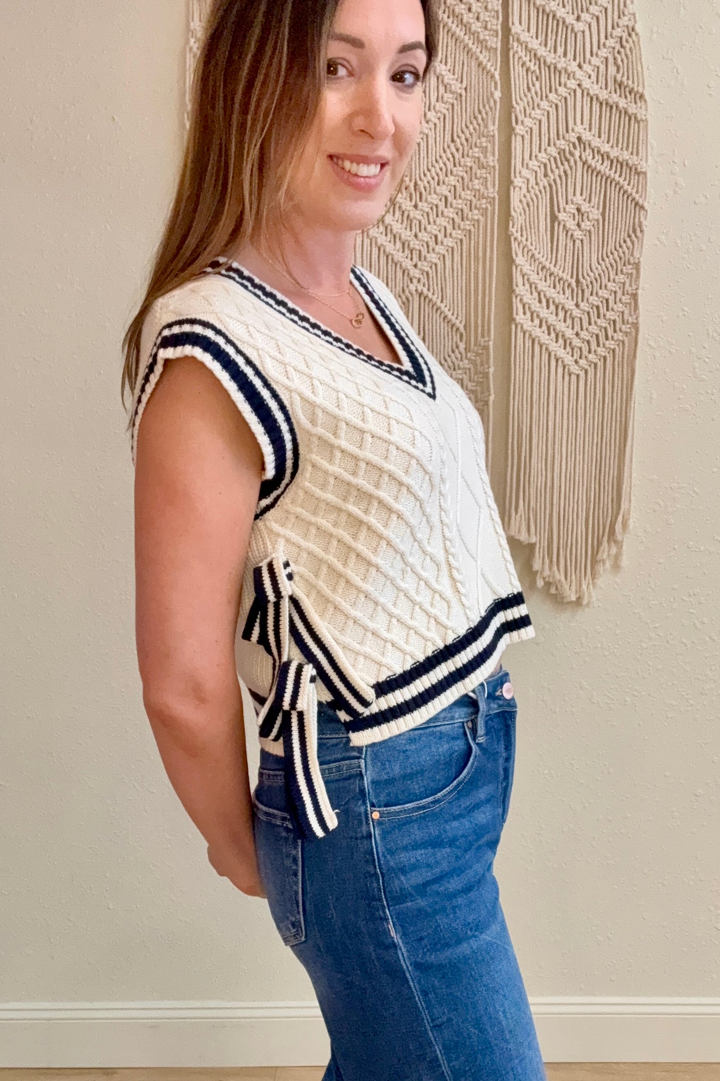 Genevieve Contrast Trim Side Tie Sweater Vest