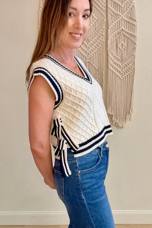 Genevieve Contrast Trim Side Tie Sweater Vest