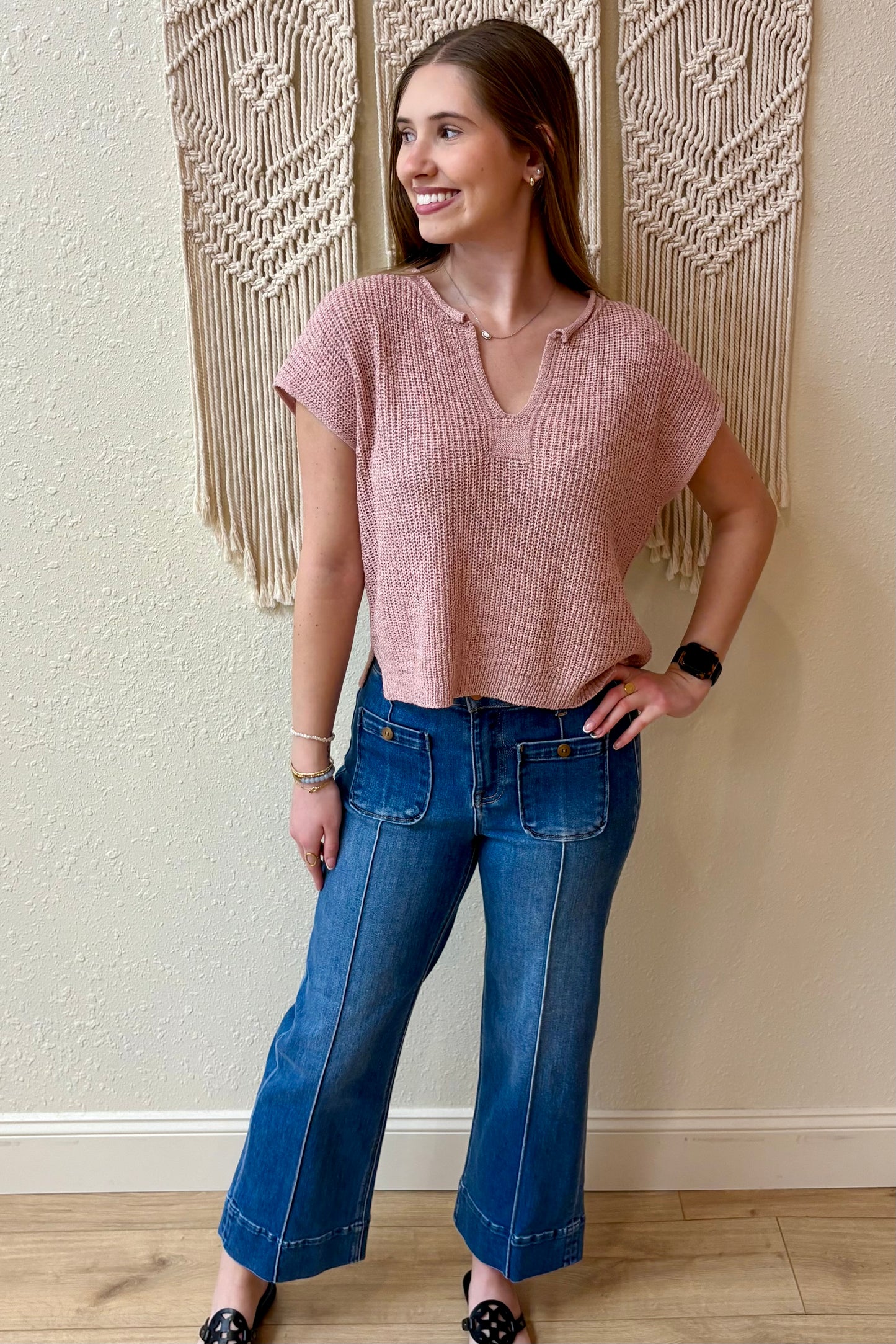 Danielle Mauve Split Neck Knit Top