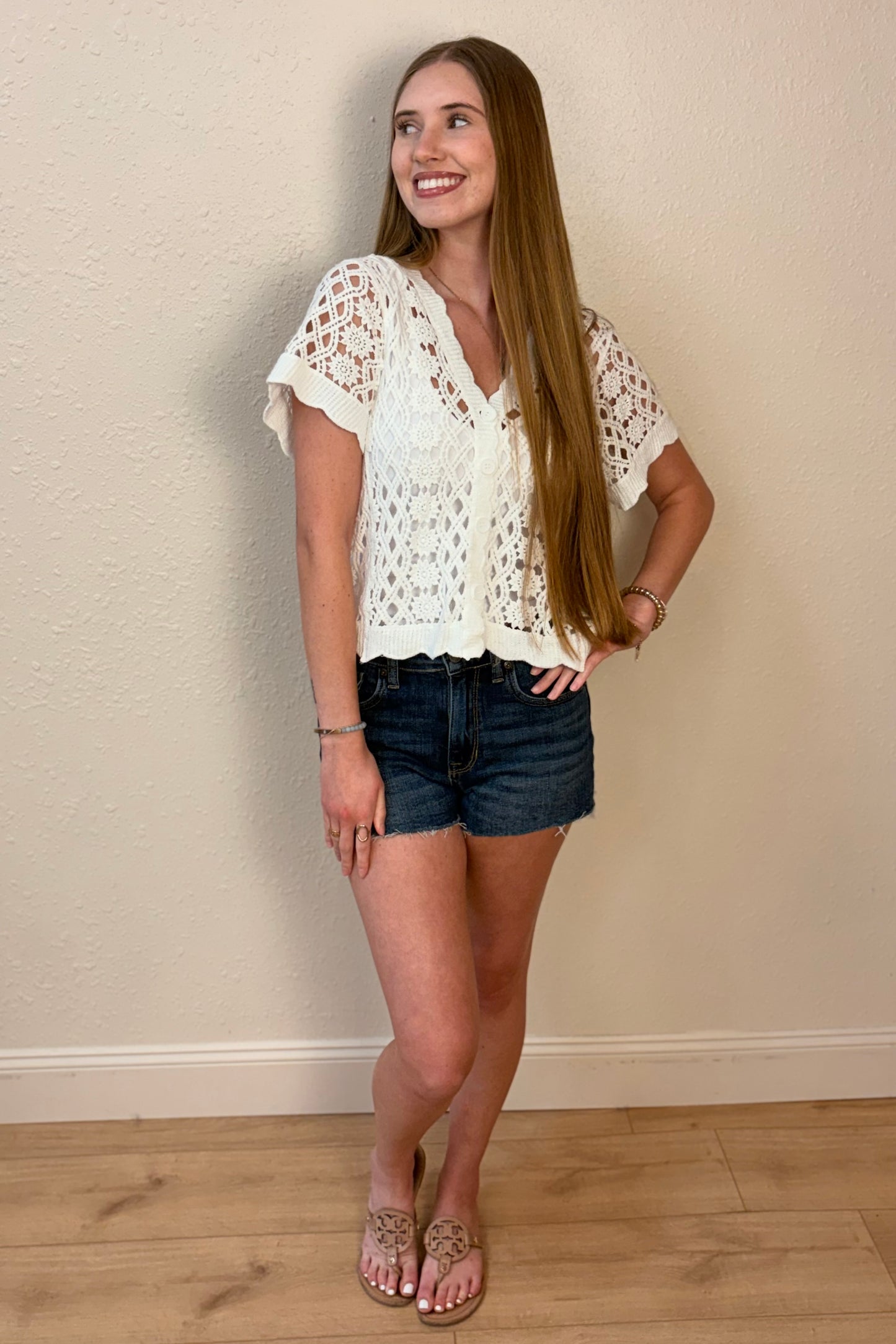 Mia Short Sleeve Crochet Cardigan Sweater
