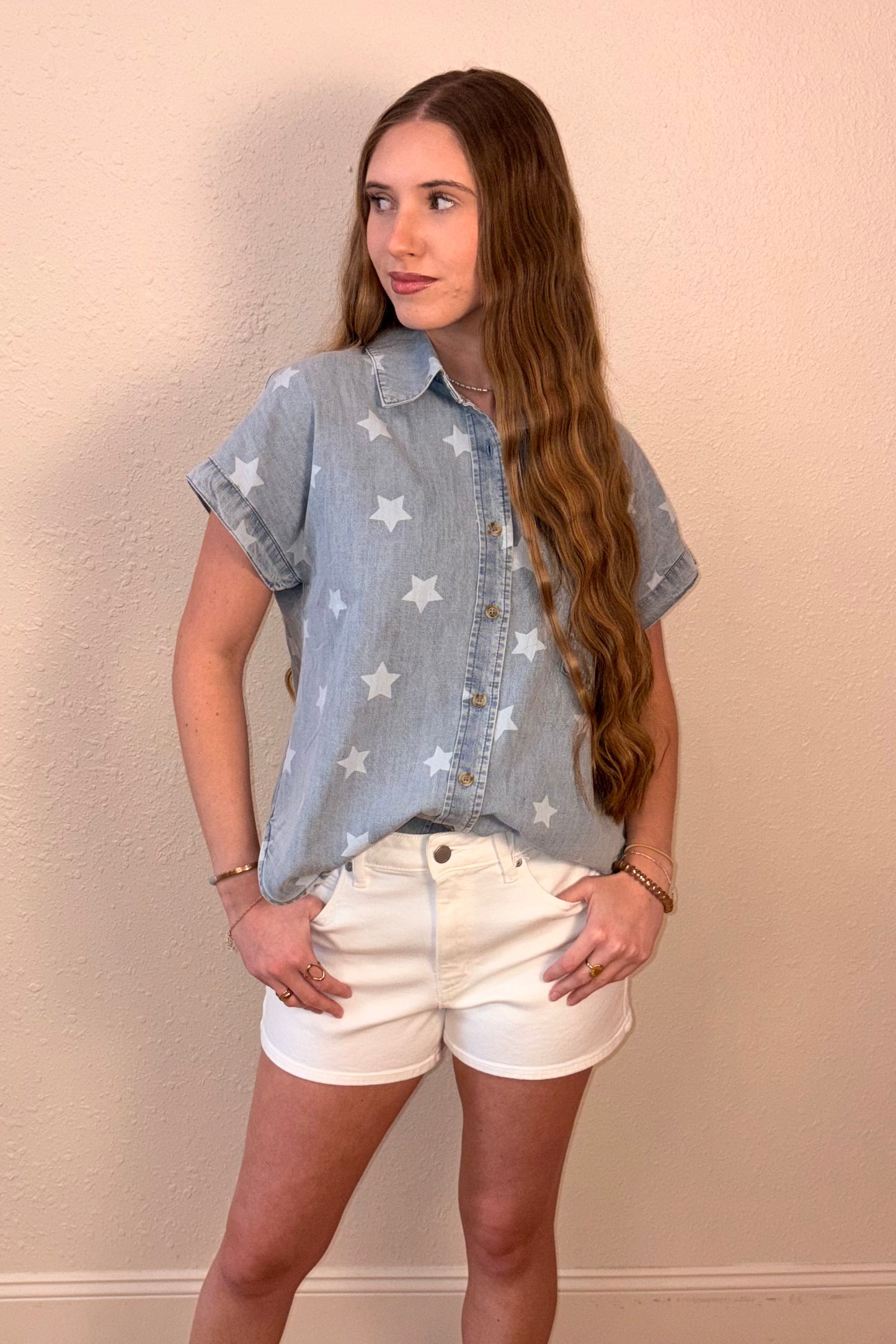 Lana Star Print Denim Short Sleeve Shirt