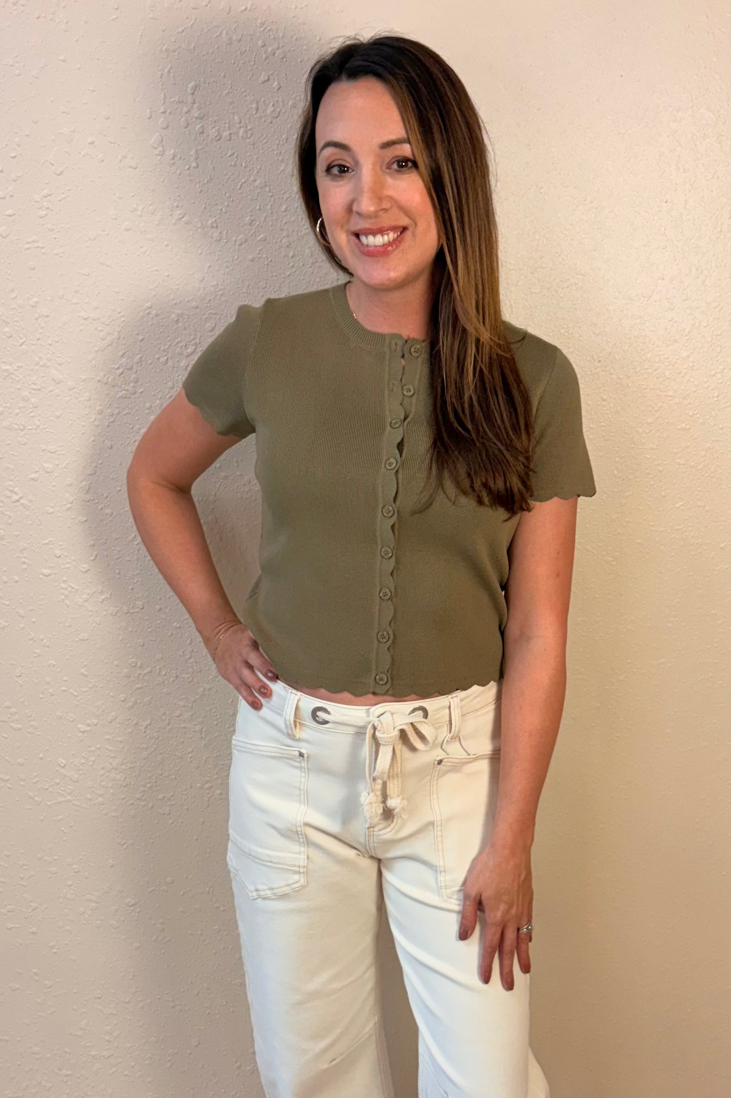 Valerie Olive Green Short Sleeve Cardigan Sweater
