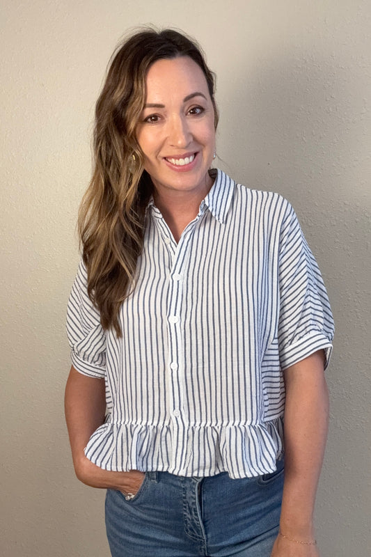 Peyton Stripe Button Front Ruffle Shirt