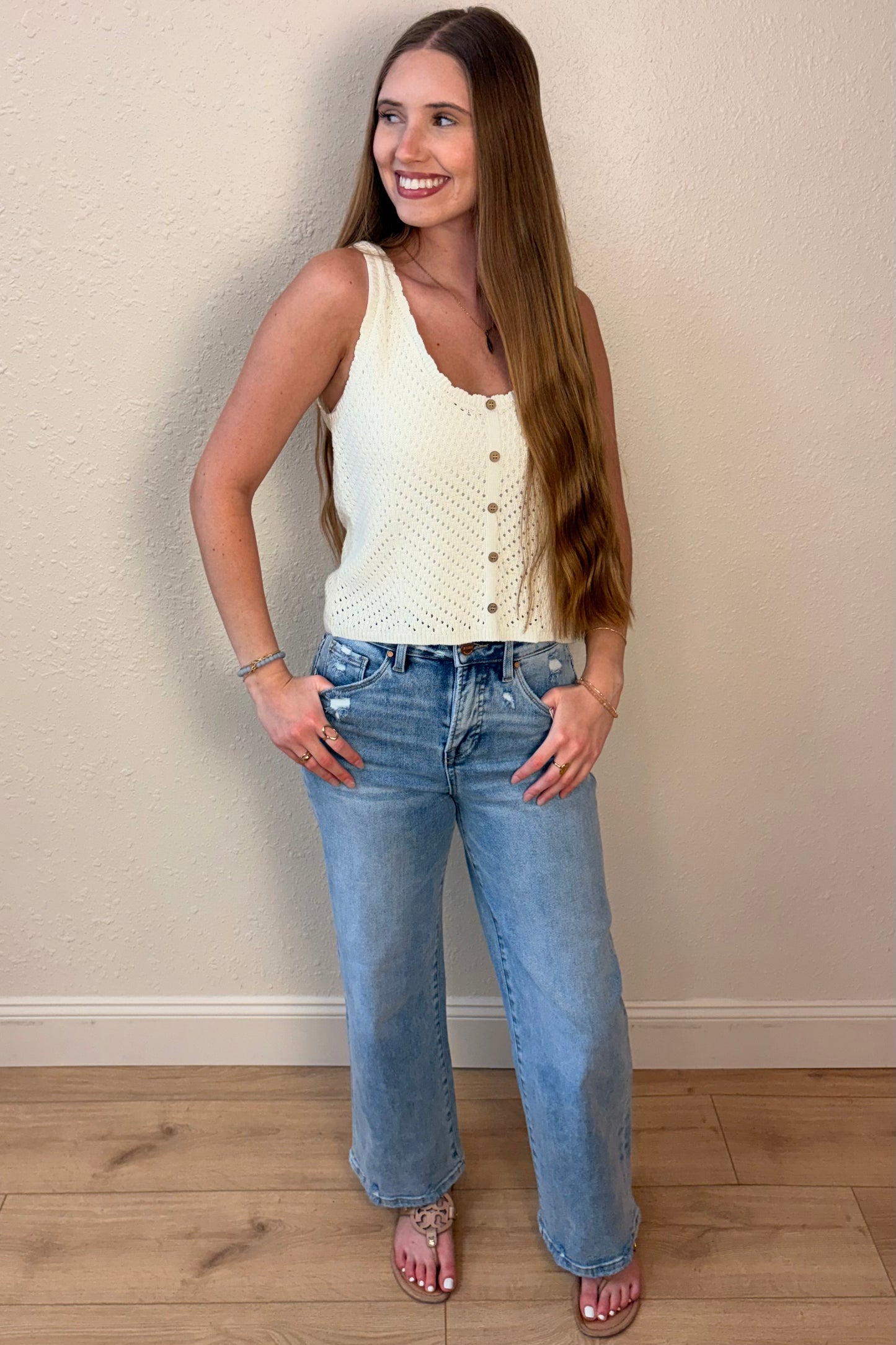 Sarah Scallop Edge Button Front Tank Top