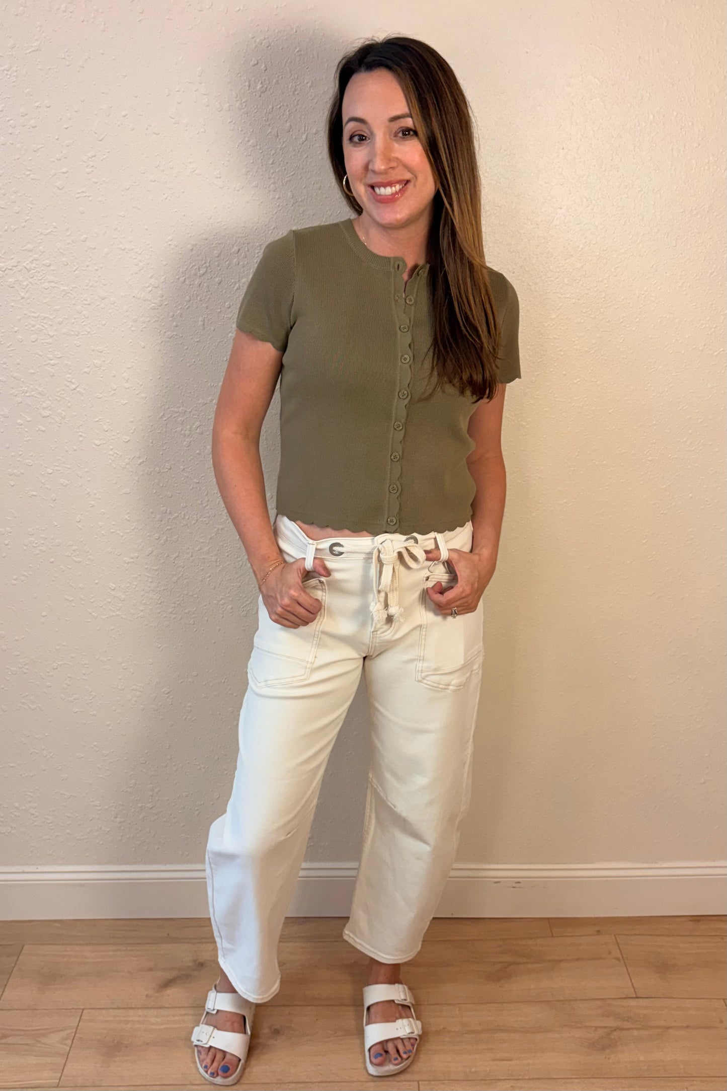 Valerie Olive Green Short Sleeve Cardigan Sweater