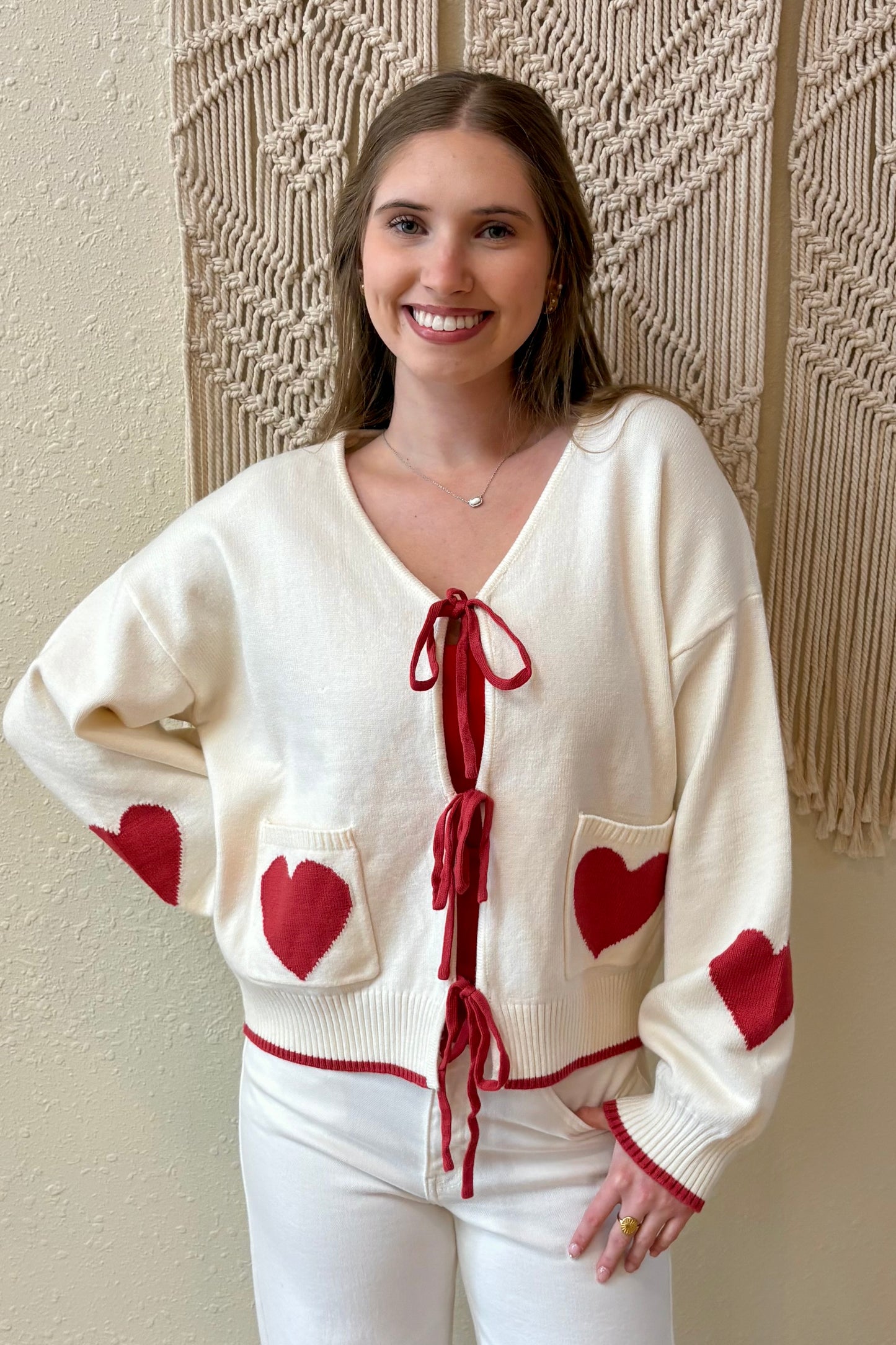 Lola Heart Pocket Tie Front Cardigan Sweater