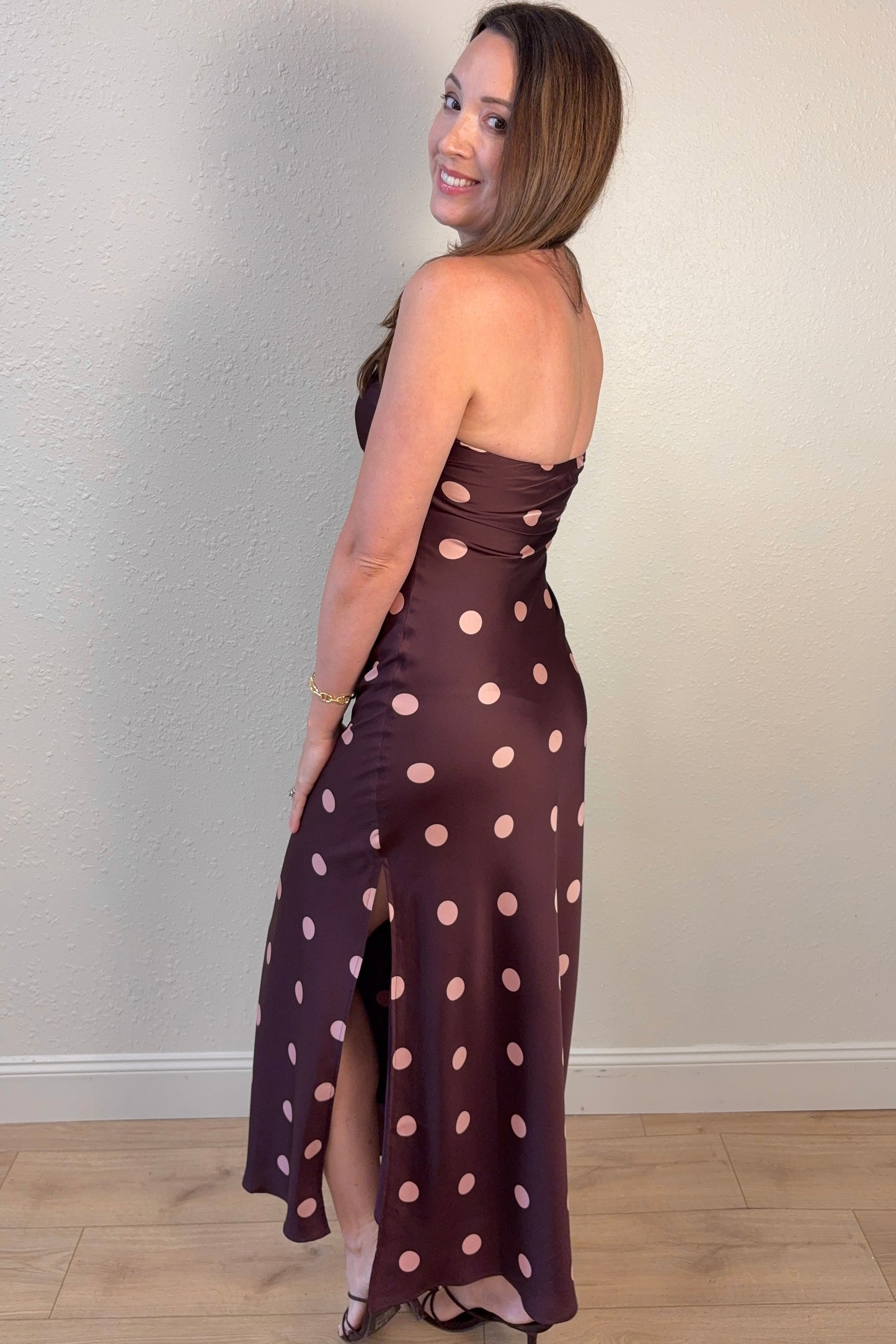 Angela Polka Dot Strapless Satin Maxi Dress