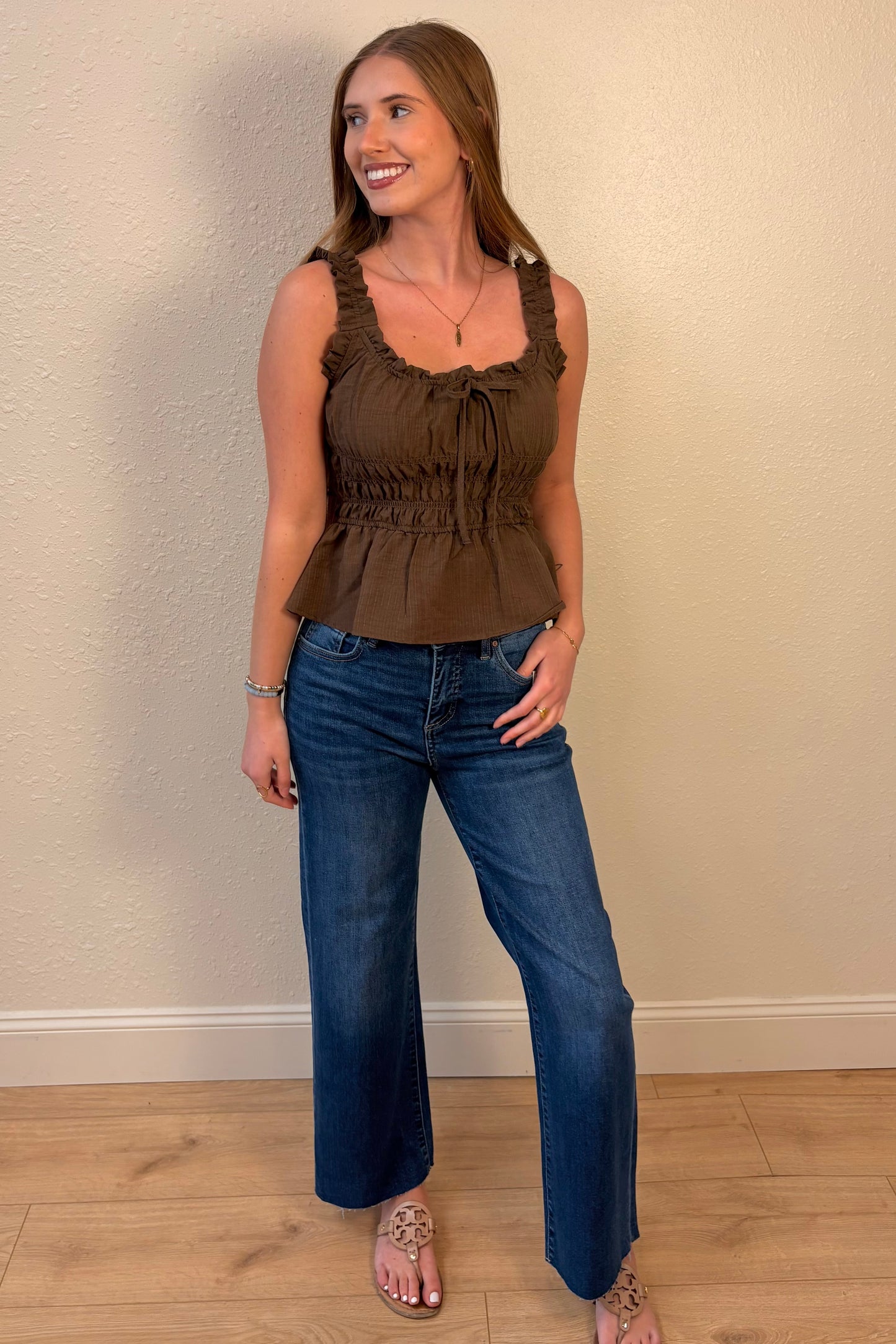 Ella Brown Ruffle Peplum Tank Top