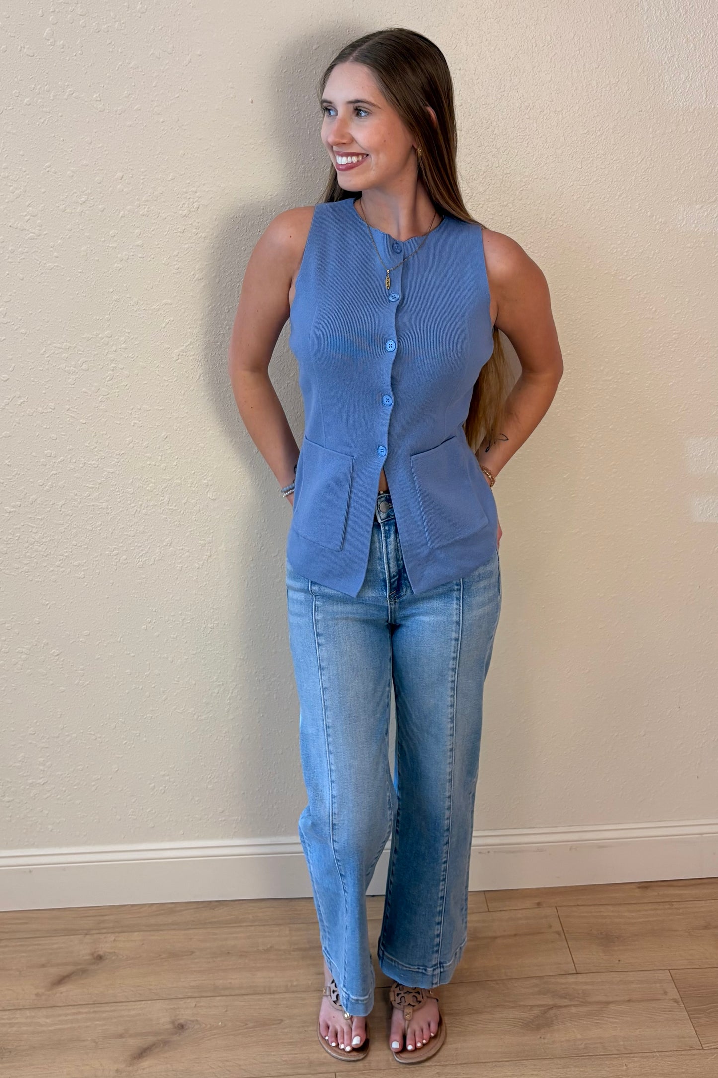 Evelyn Light Blue Knit Vest Top