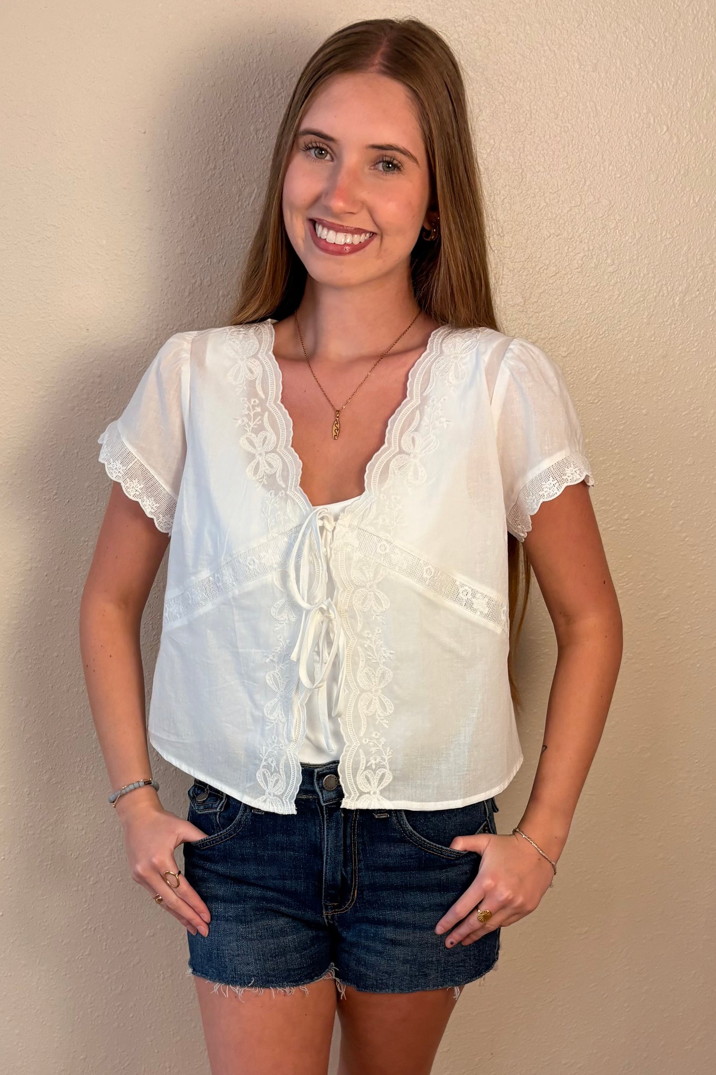 Alessandra Lace Embroidered Tie Front Top