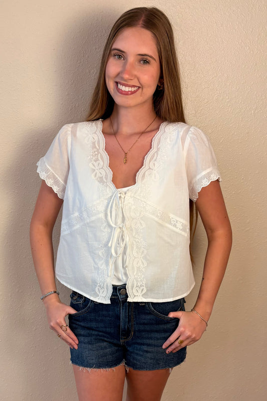 Alessandra Lace Embroidered Tie Front Top