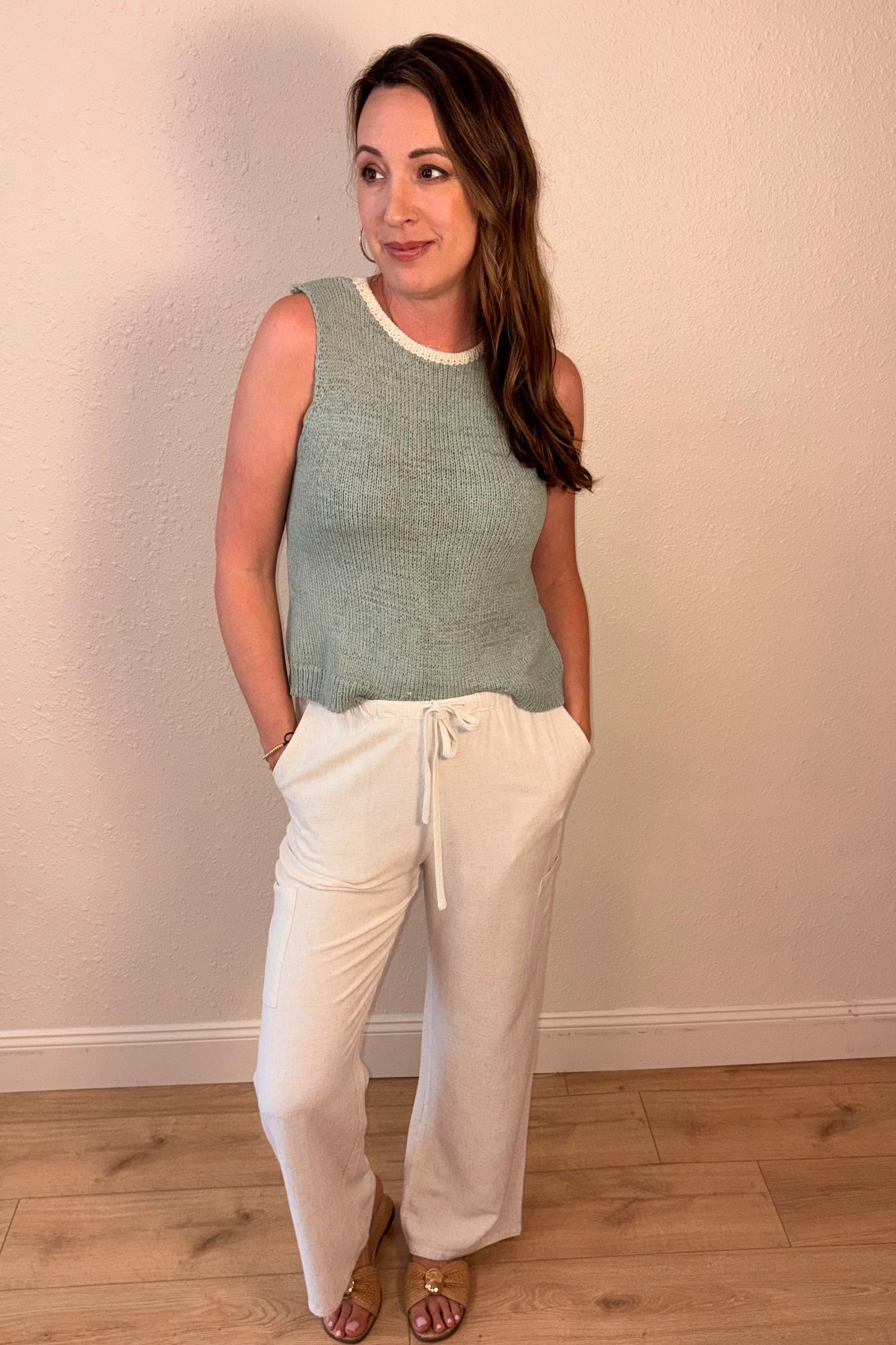 Willa Sage Green Open Back Knit Tank Top
