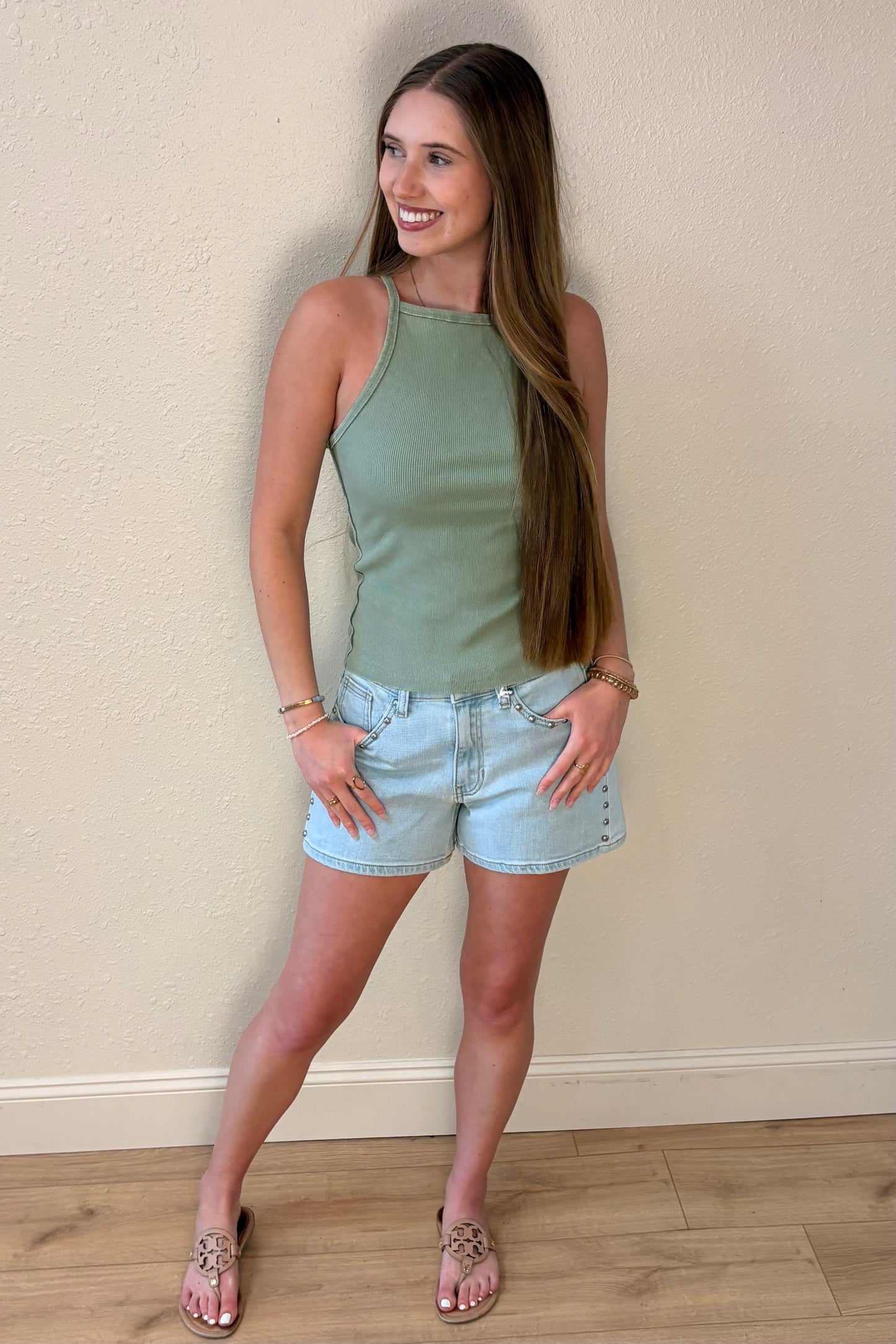 Isabella Sage Green Square Neck Tank Top