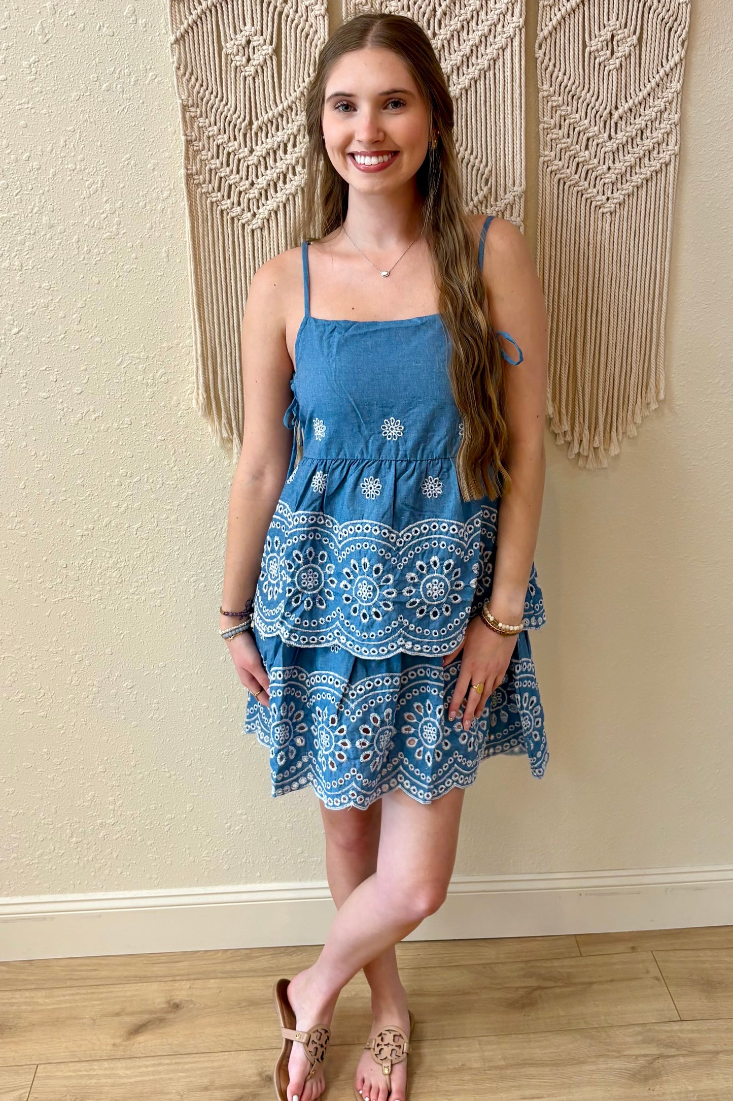 Jenny Chambray Embroidered Tiered Dress
