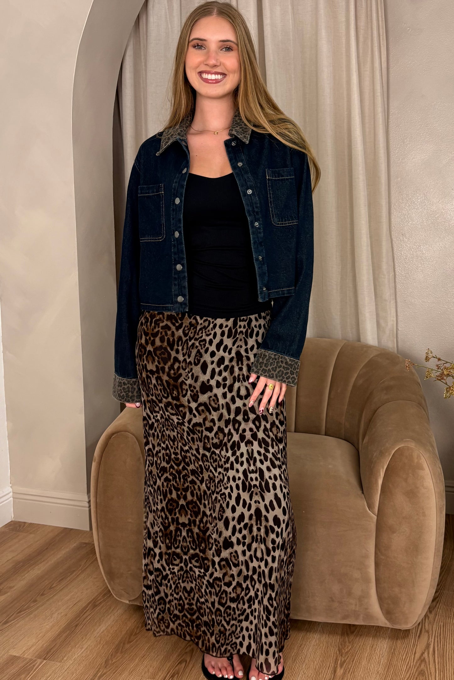 Nora Leopard Trim Denim Jacket