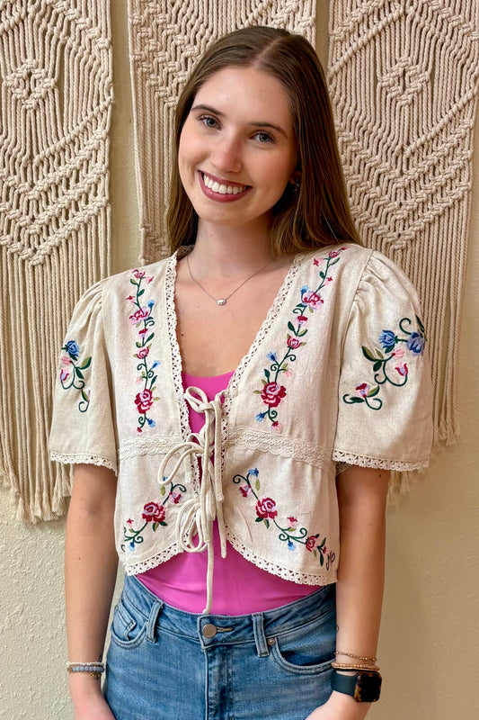 Laura Tie Front Embroidered Top