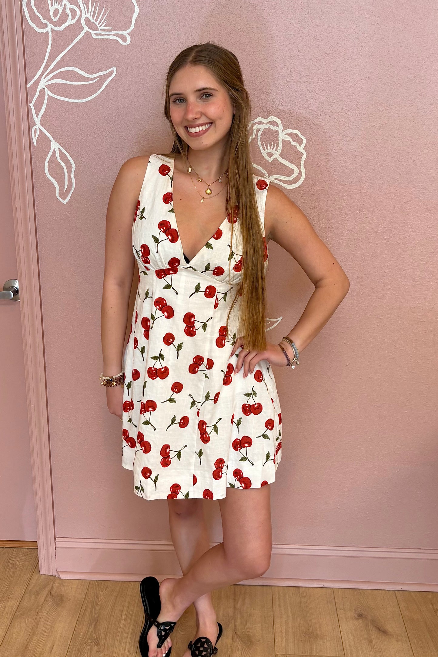 Cherry Print V Neck Mini Dress