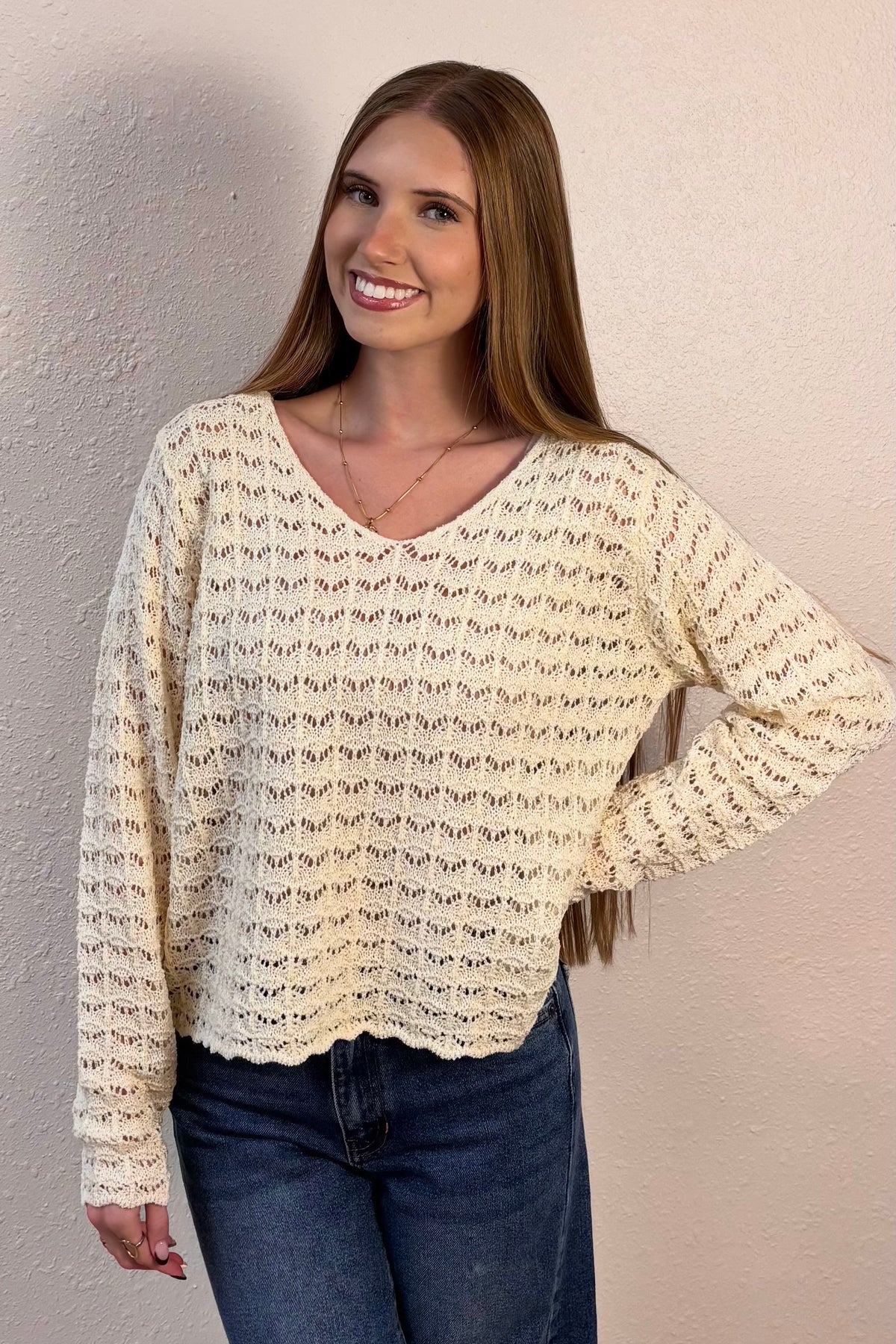 Fern Pointelle V-Neck Sweater