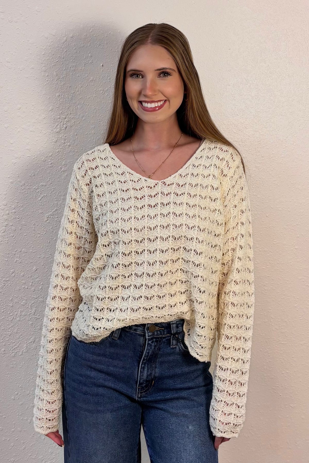 Fern Pointelle V-Neck Sweater