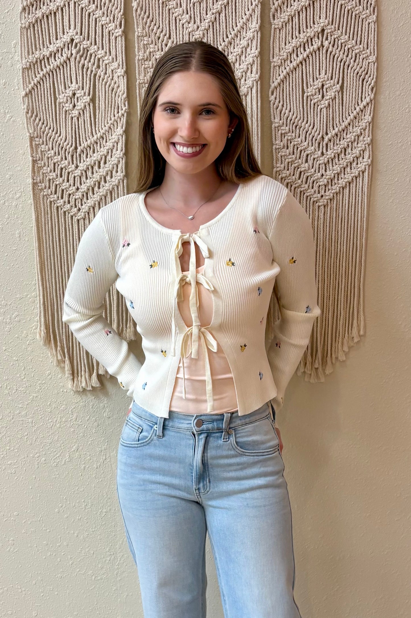 Mandy Embroidered Tie Front Cardigan