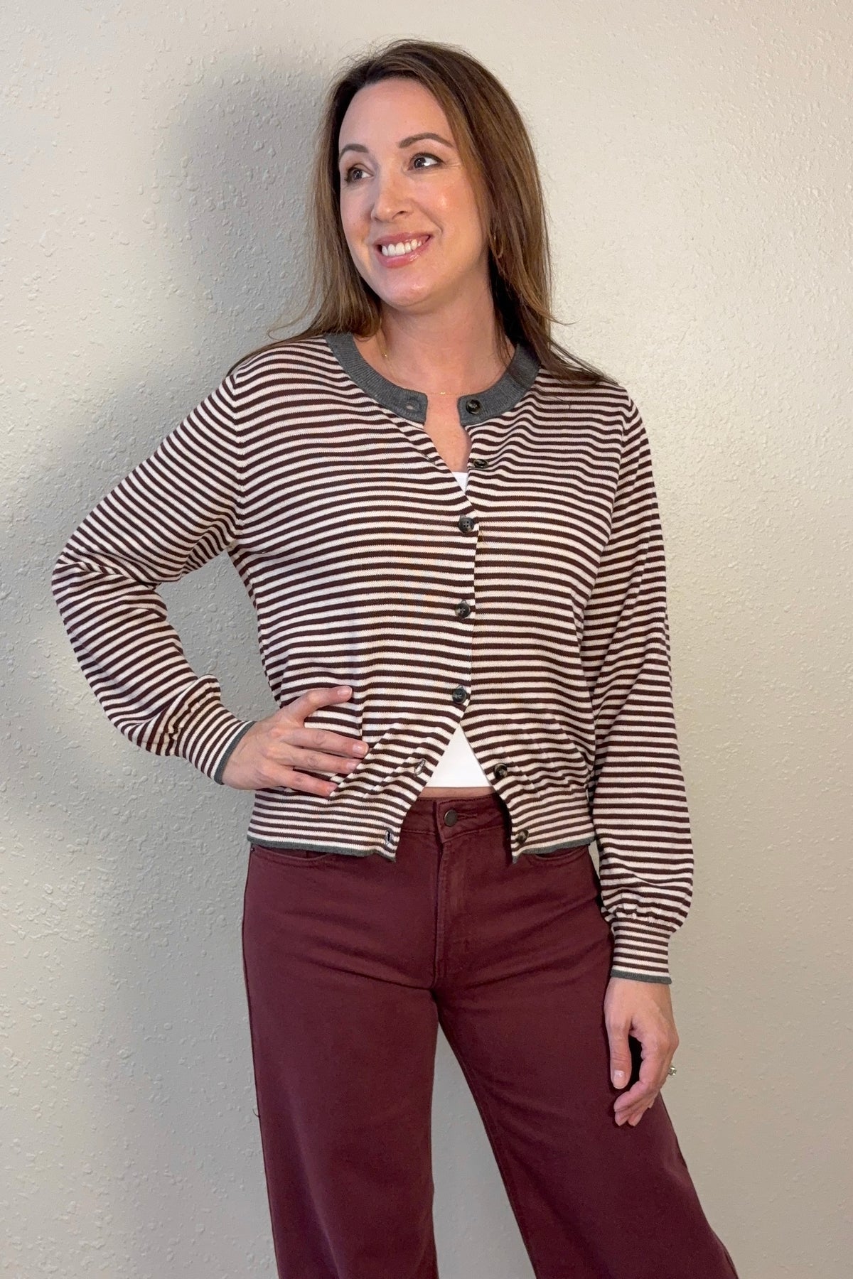 Juliette Burgundy Stripe Cardigan Sweater