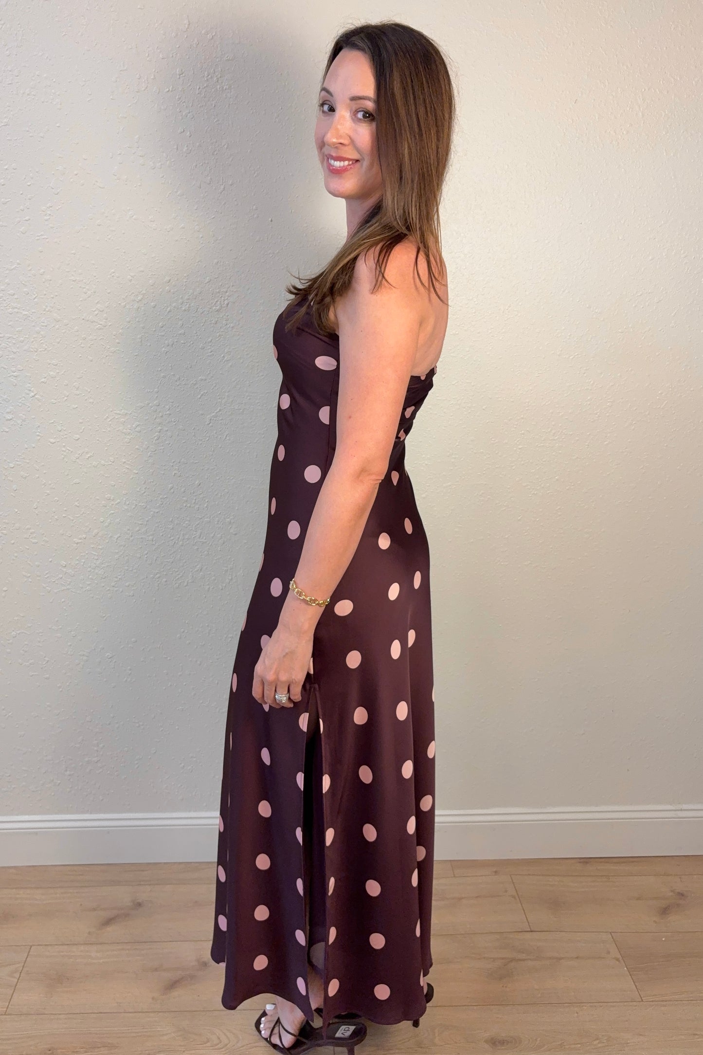 Angela Polka Dot Strapless Satin Maxi Dress