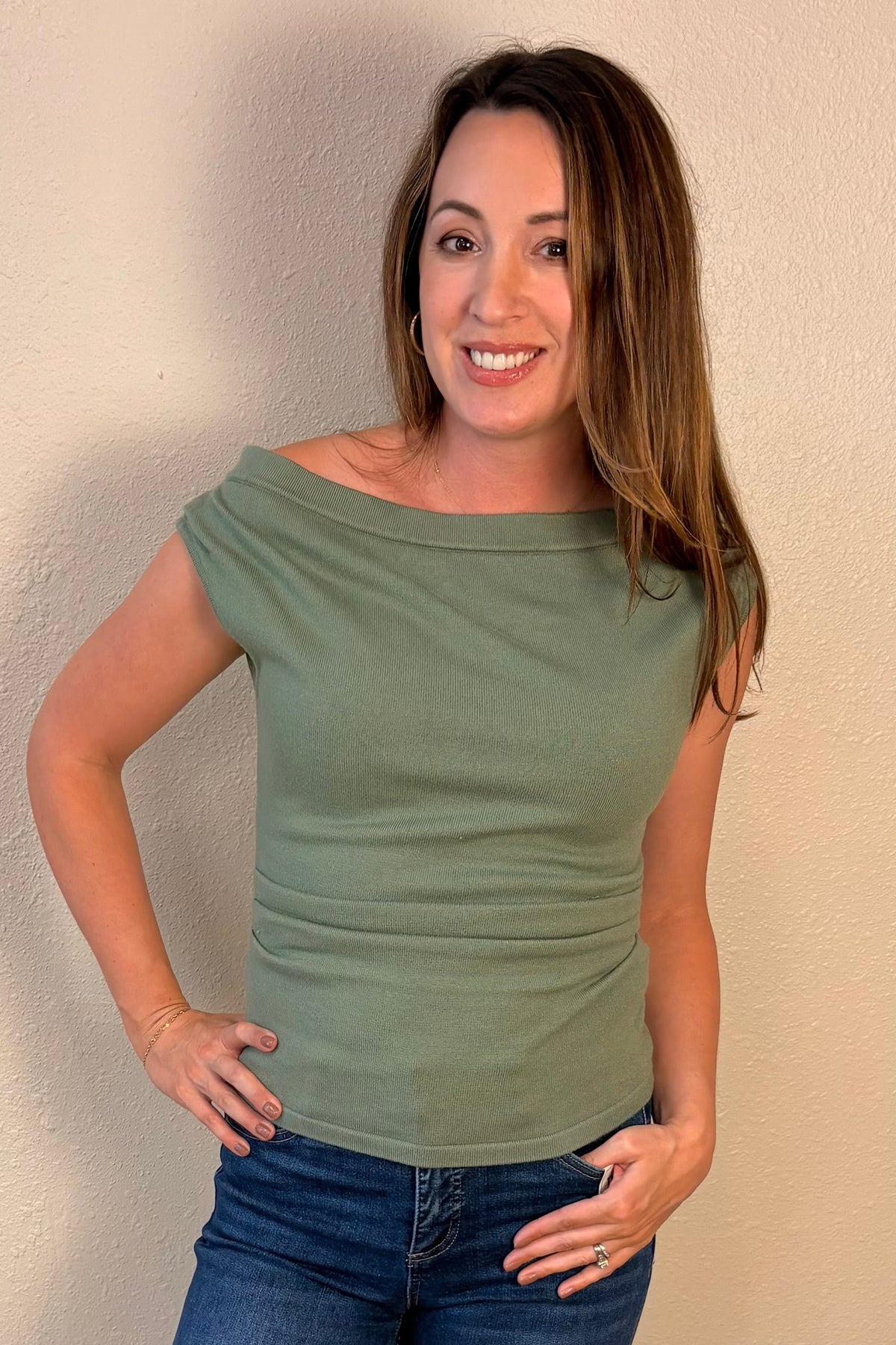 Jess Sage Green Side Ruched Boatneck Knit Top