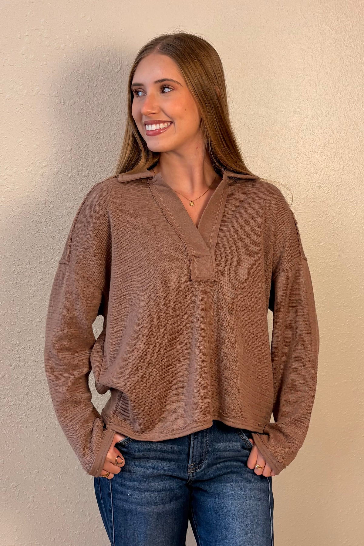 Luna Mocha Split Neck Collared Knit Top