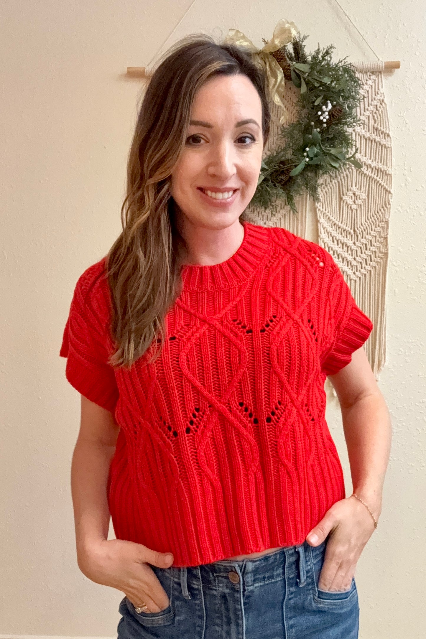 Noelle Red Short Sleeve Sweater Top