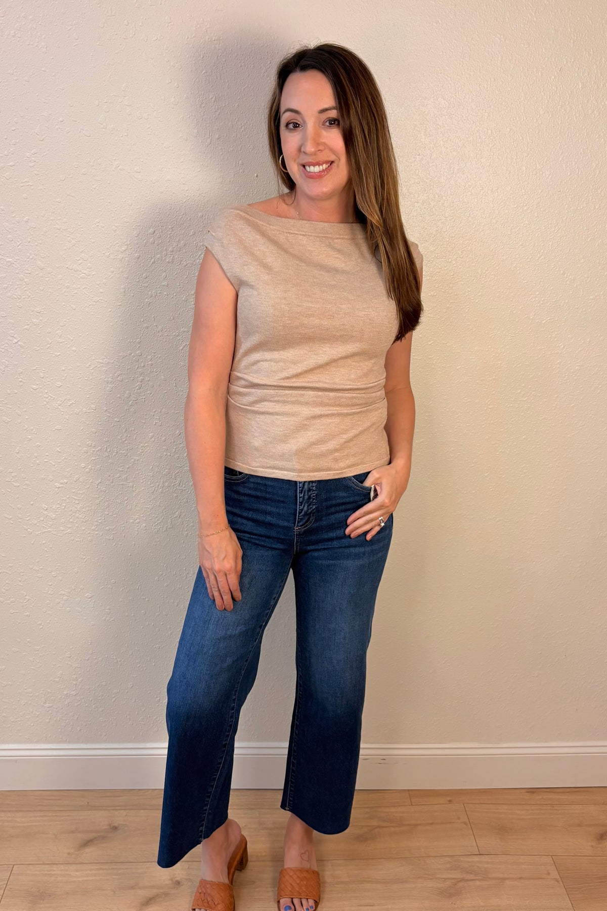 Jess Taupe Side Ruched Boatneck Knit Top
