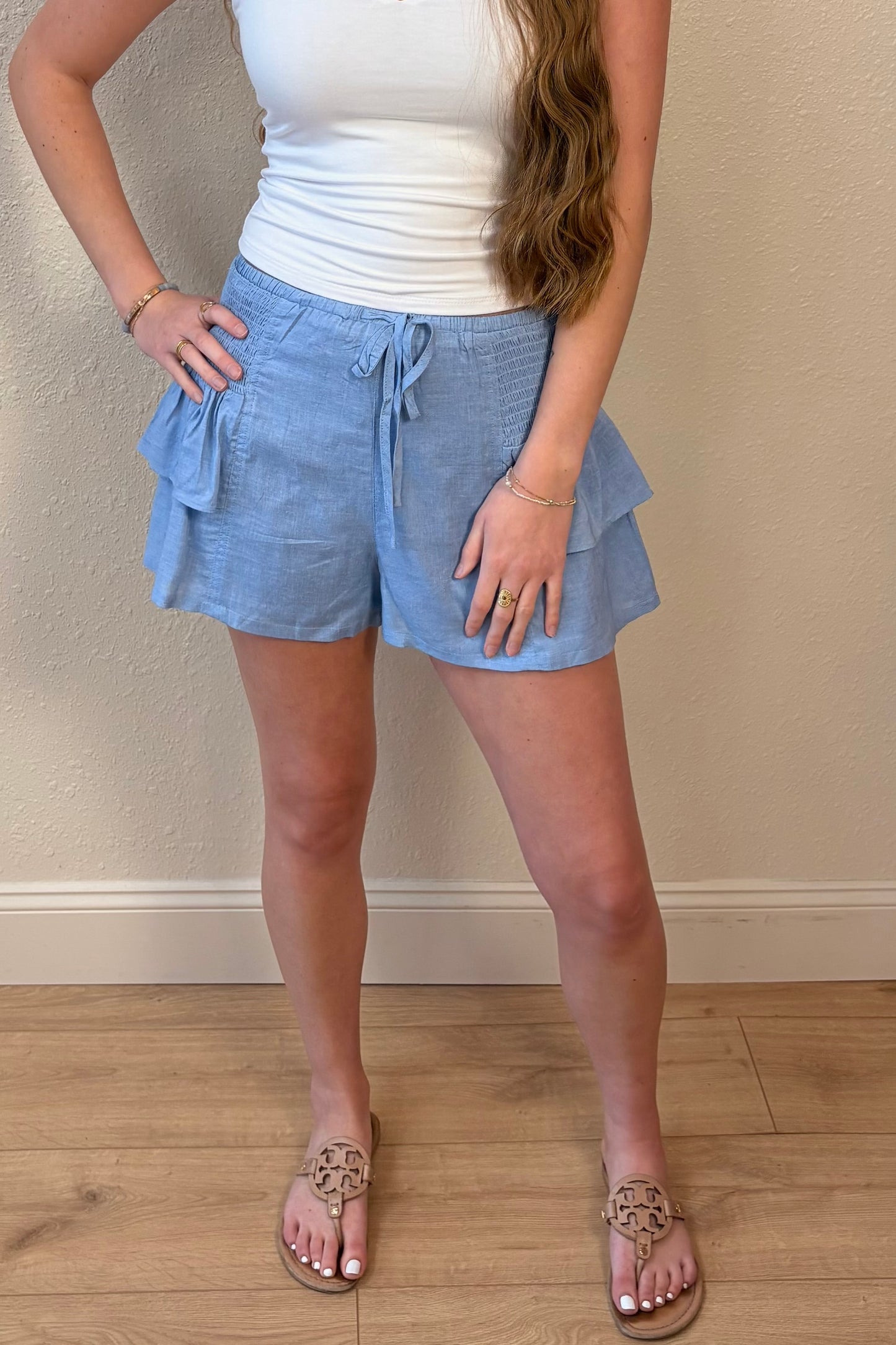 Skye Light Blue Ruffle Shorts