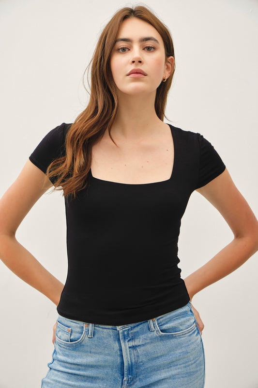 Audrina Black Square Neck Top