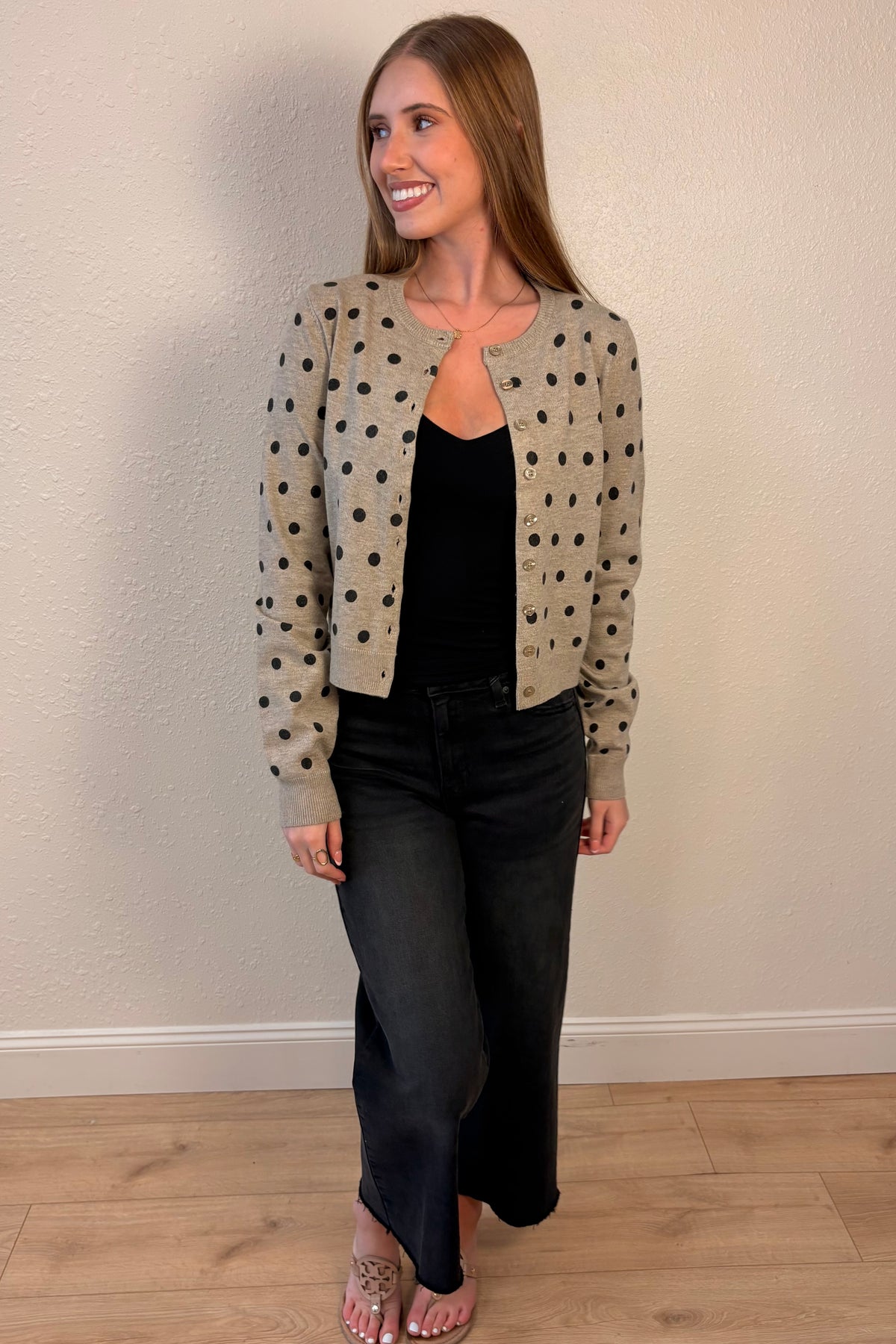 Sadie Taupe Polka Dot Cardigan Sweater