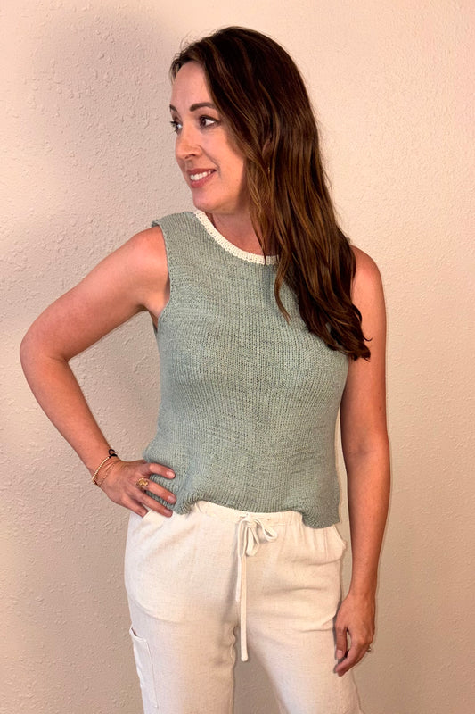 Willa Sage Green Open Back Knit Tank Top