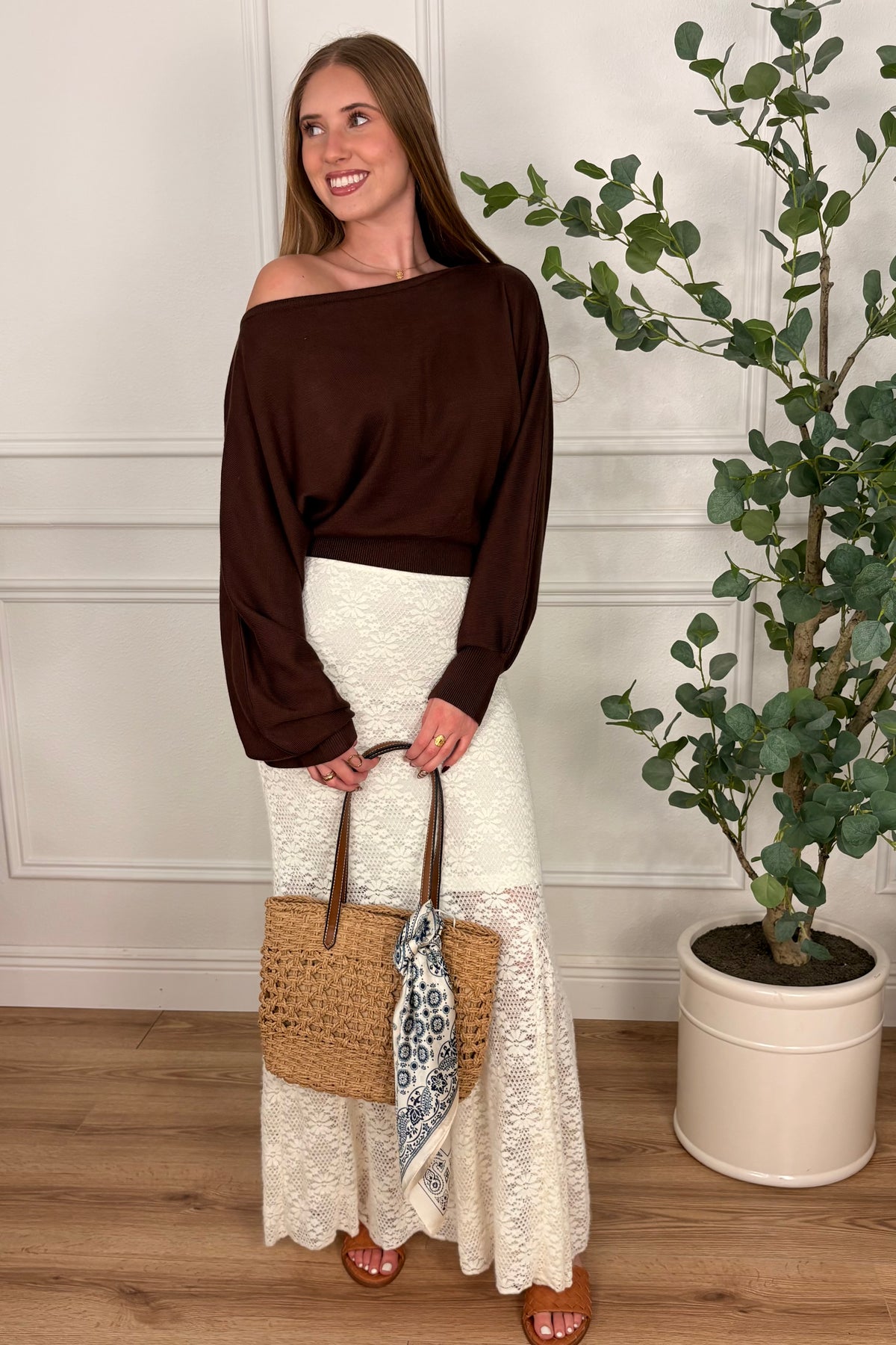 Elenore Chocolate Brown Off the Shoulder Sweater