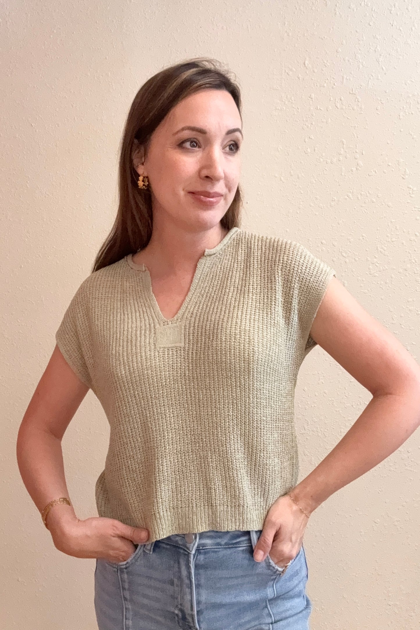 Danielle Light Olive Split Neck Knit Top