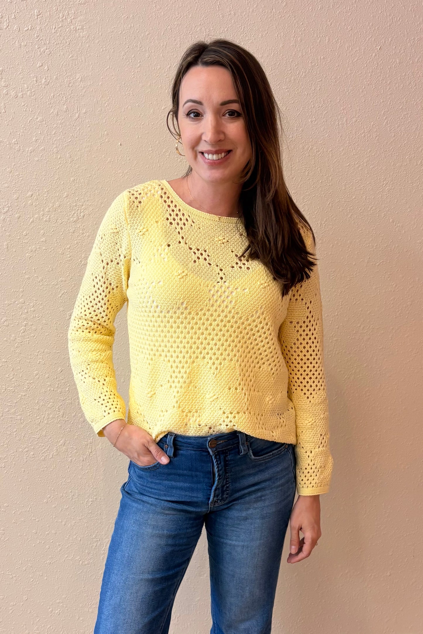 Daniella Yellow Floral Open Weave Sweater