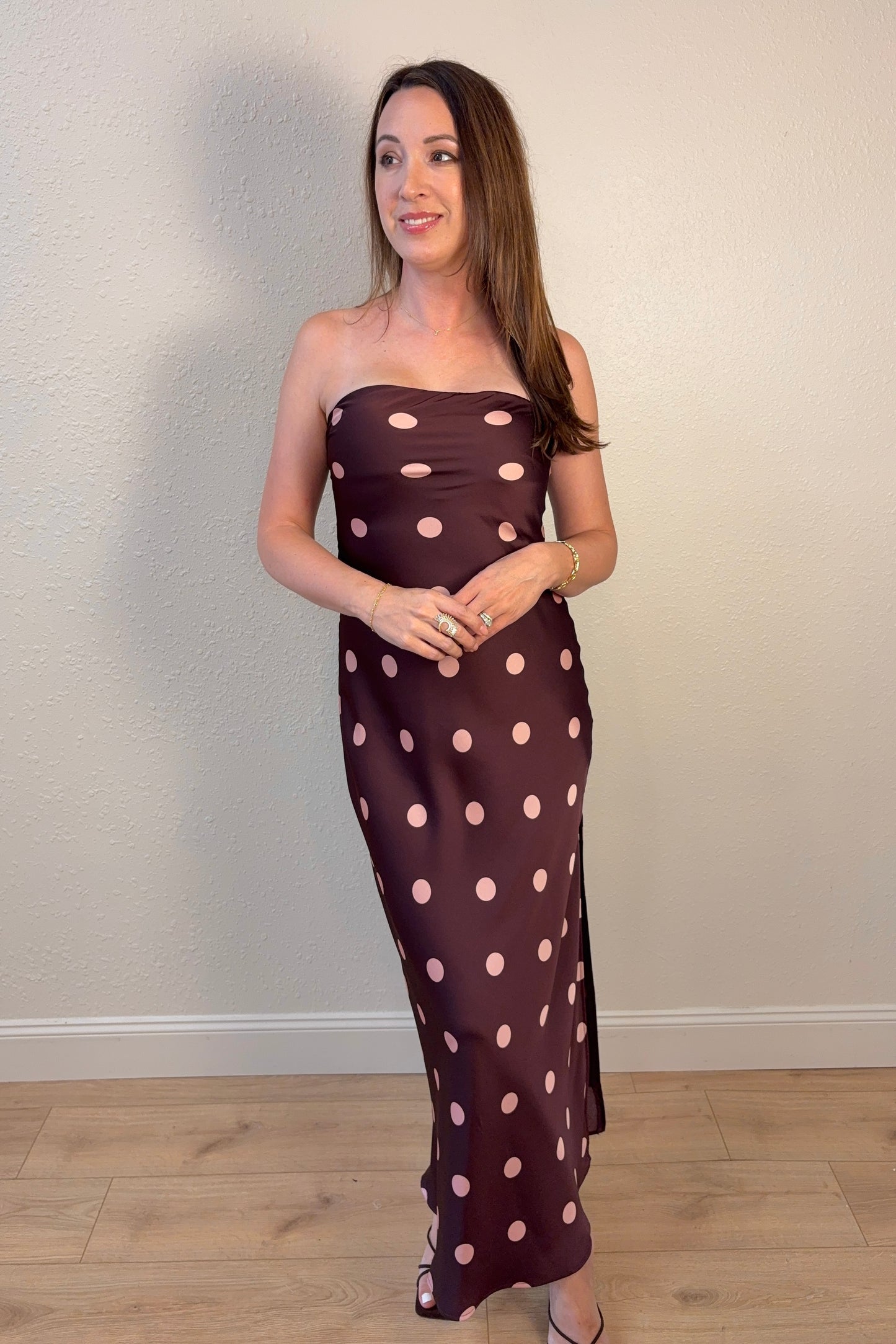 Angela Polka Dot Strapless Satin Maxi Dress