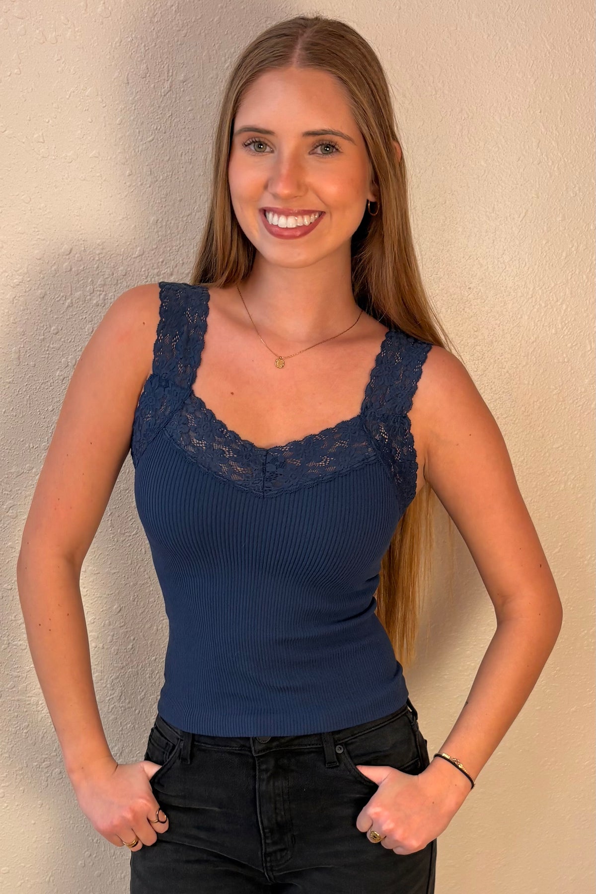Eliza Navy Lace Trim Ribbed Tank Top