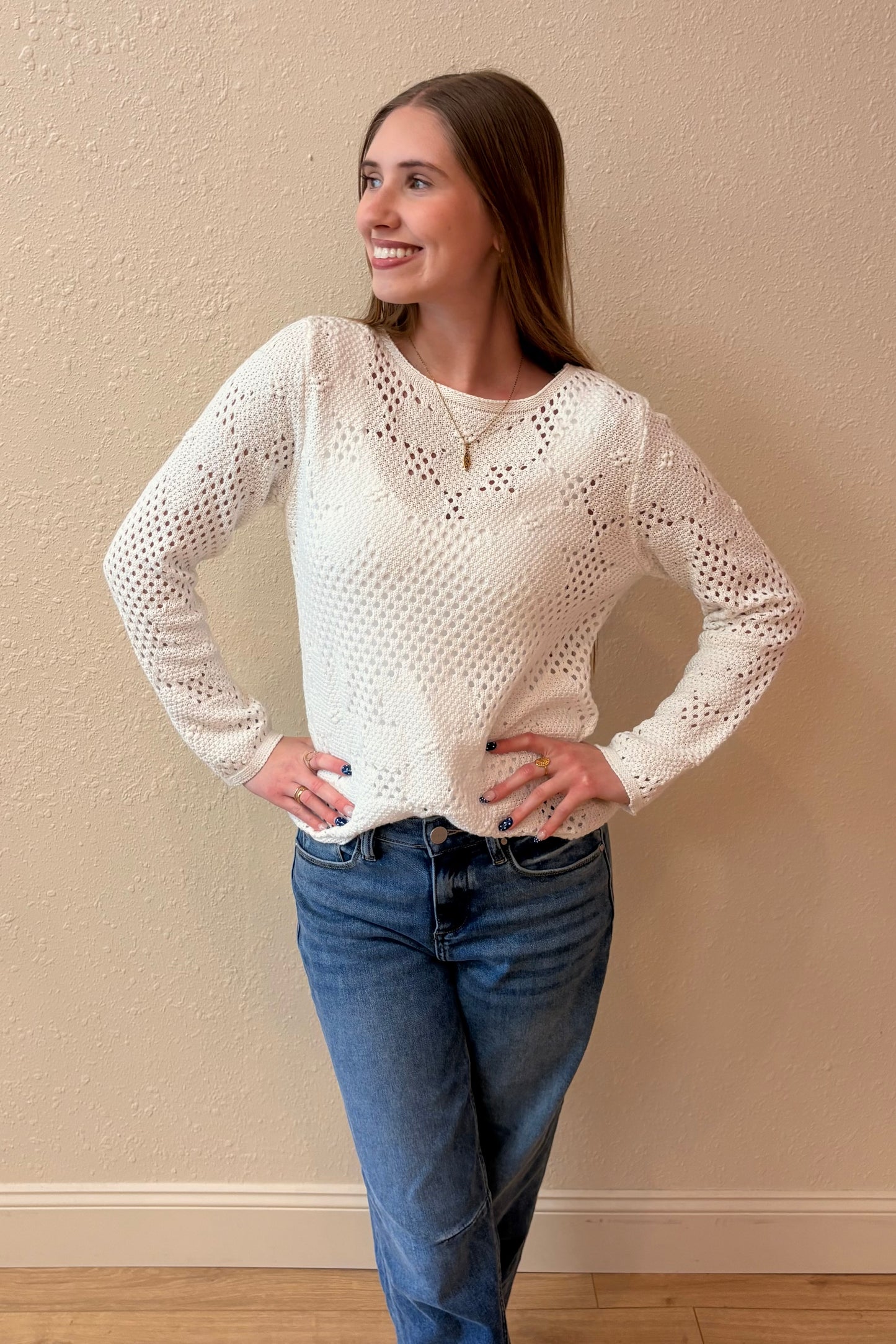 Daniella White Floral Open Weave Sweater