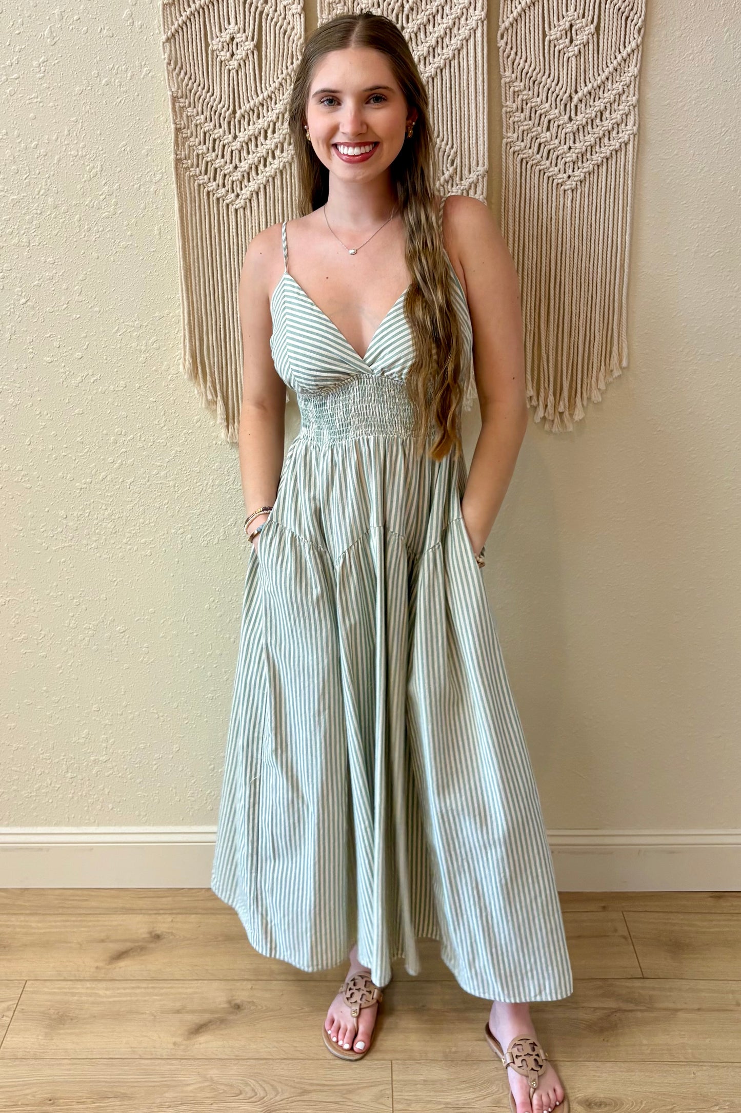 Parker Sage Green Striped Maxi Dress