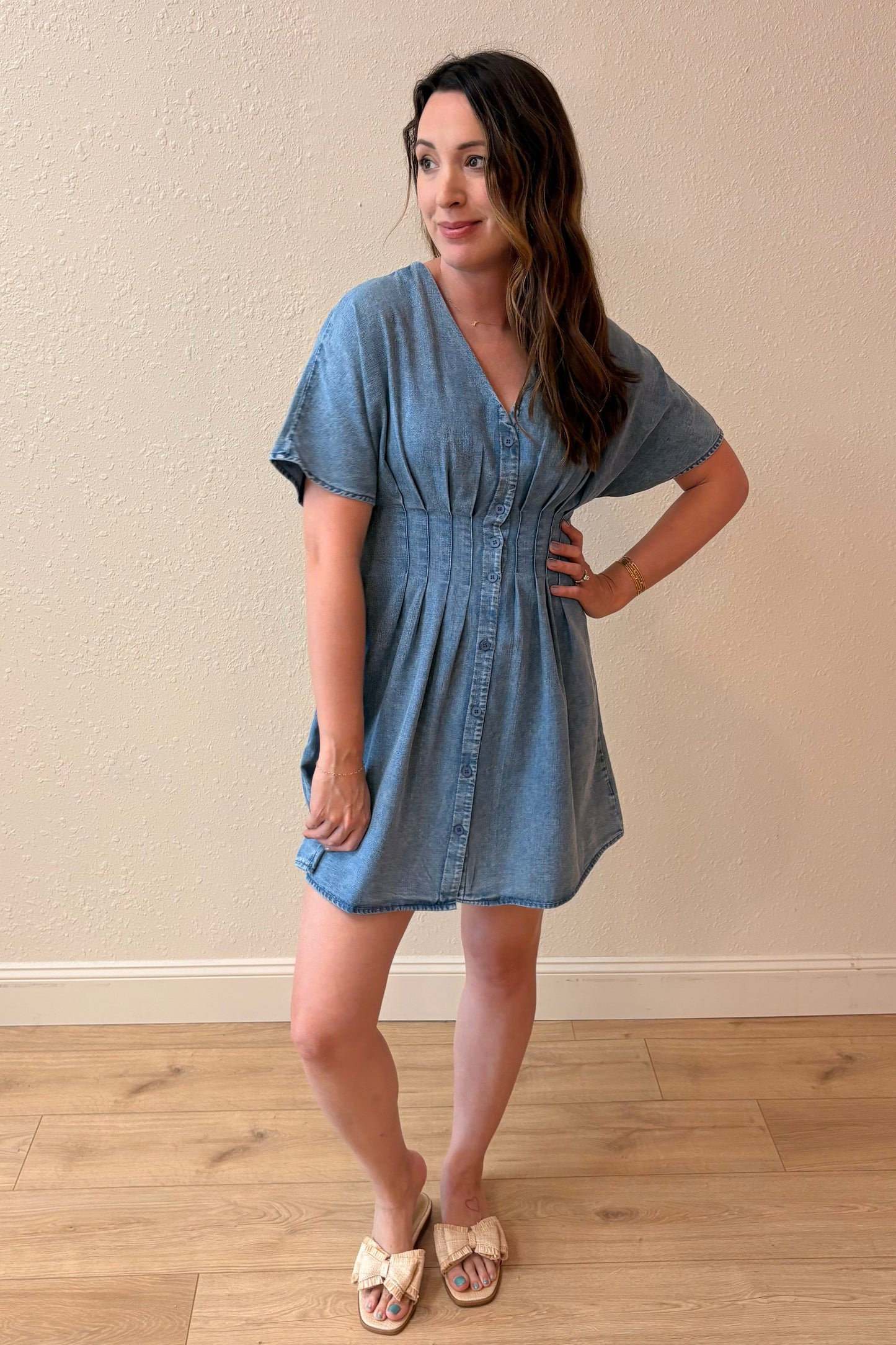 Maeve Pleated Waist Denim Dress